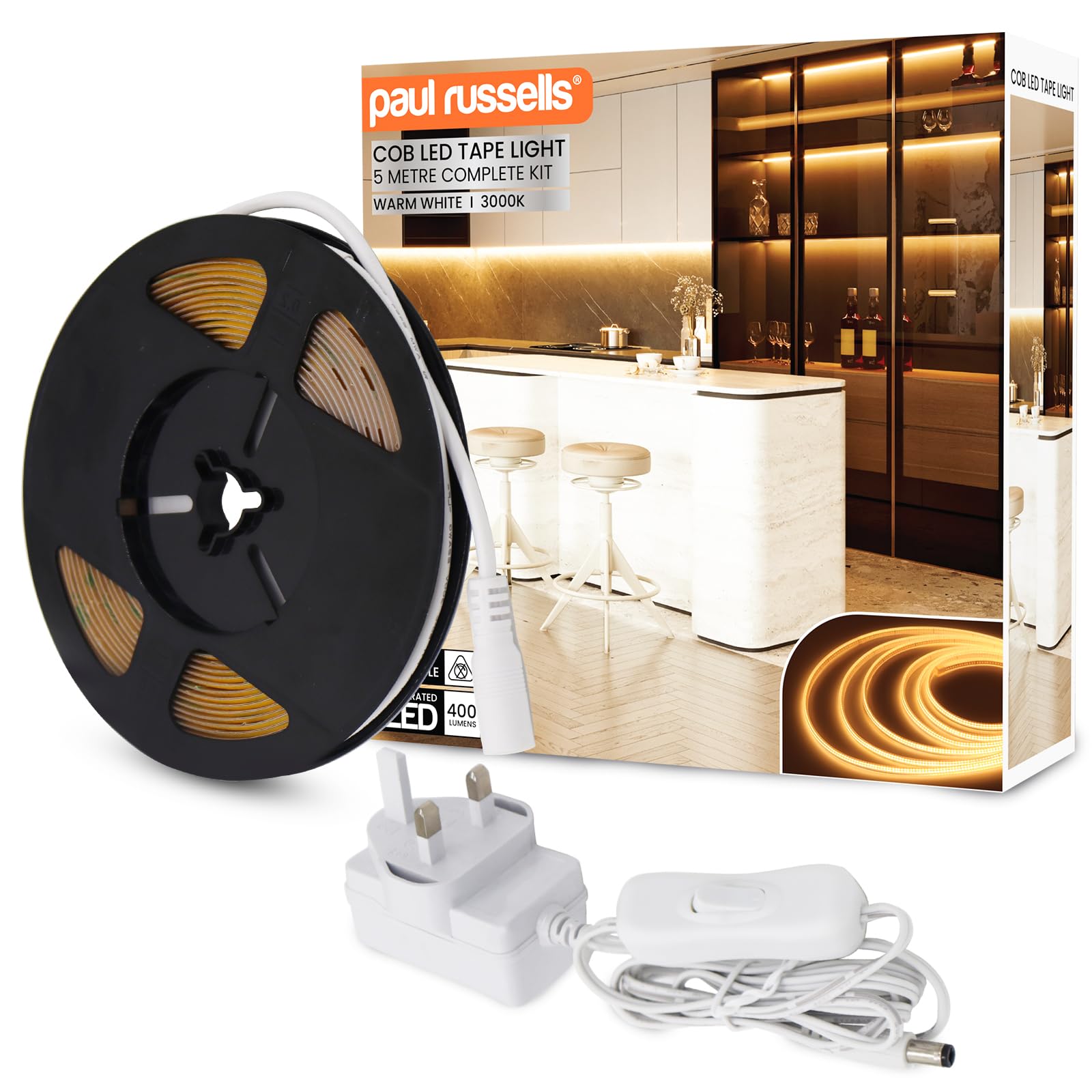 paul russells COB LED Strip Light, 24V- 5Watt/M, 320 LEDs/M, Warm White 3000K, 2300 Lumens, 5M Flexible Tape Light IP20