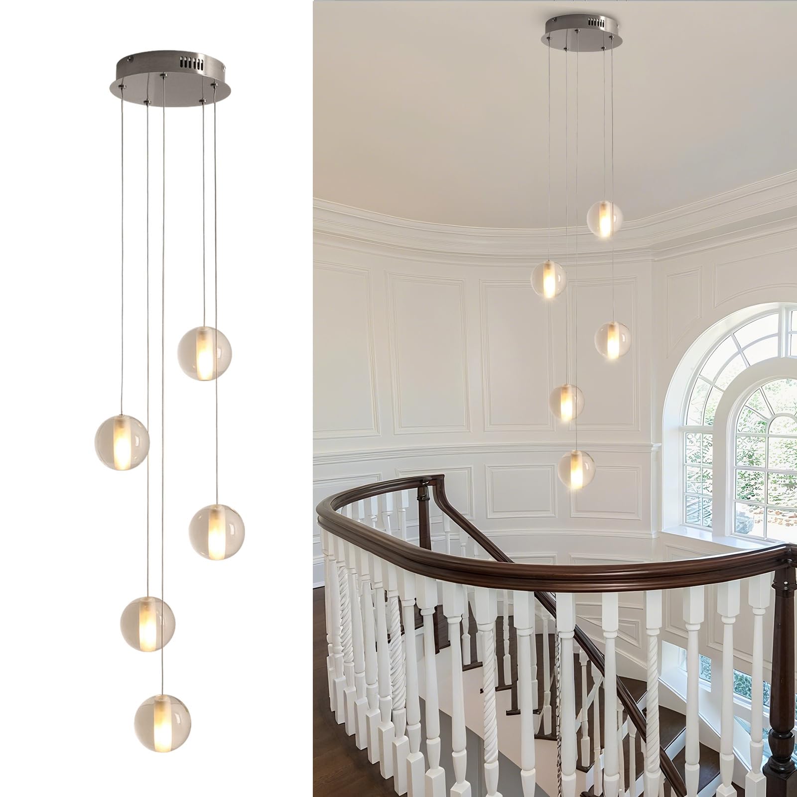 GINSENGLUX 5 Lights Foyer Chandeliers for High Ceilings Raindrop Crystal Ball Chandelier Dimmable LED Entryway Pendant Light Hanging for Dining Room