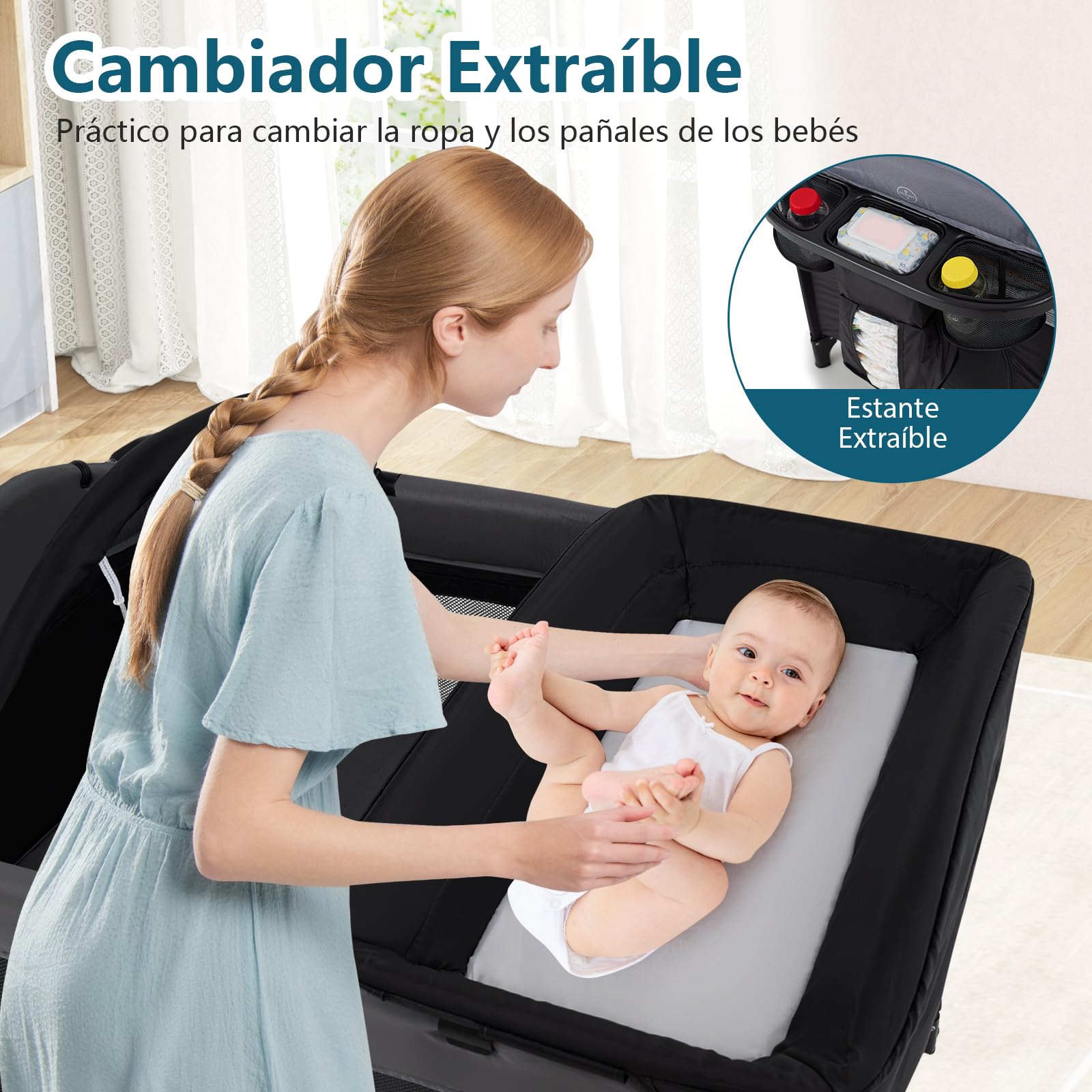 COSTWAY Cuna de Viaje Plegable con Cambiador, Moisés Portátil para Bebés, Cuna de Colecho con 4 Alturas Ajustables, Colchón, Dosel con Mosquitera, Almacenaje, Barra de Juguetes y Bolsa