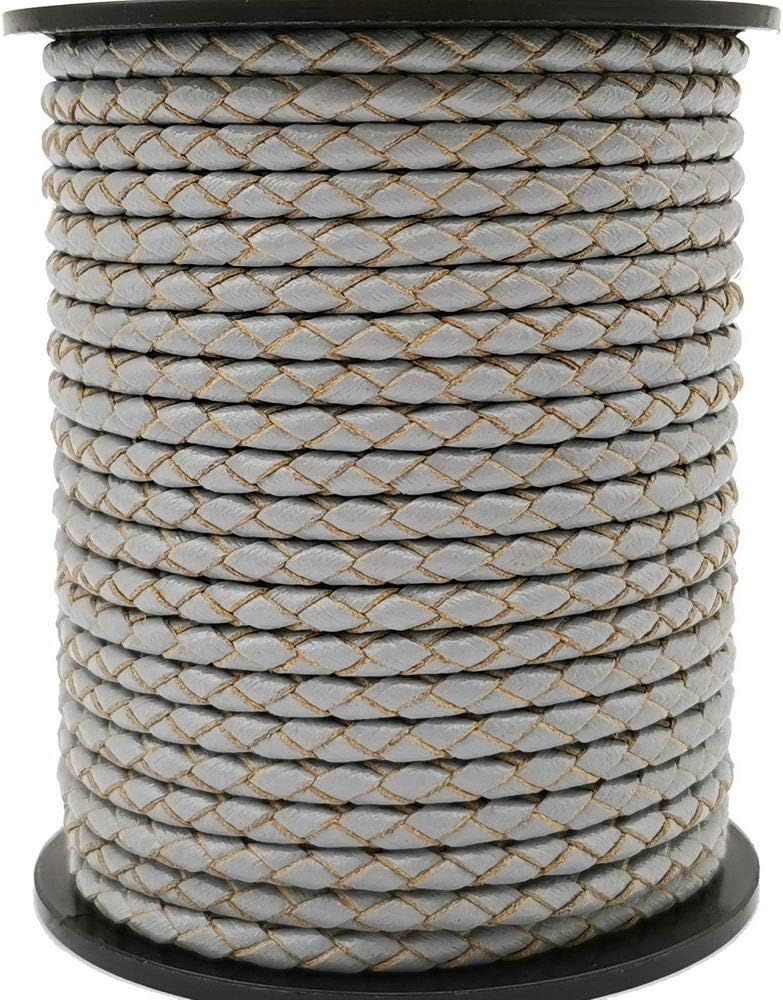 5 Yards Light Gray 3mm Braided Leather Strap Round Folded Leather Cord Bracelet Necklace Making Bolo Tie