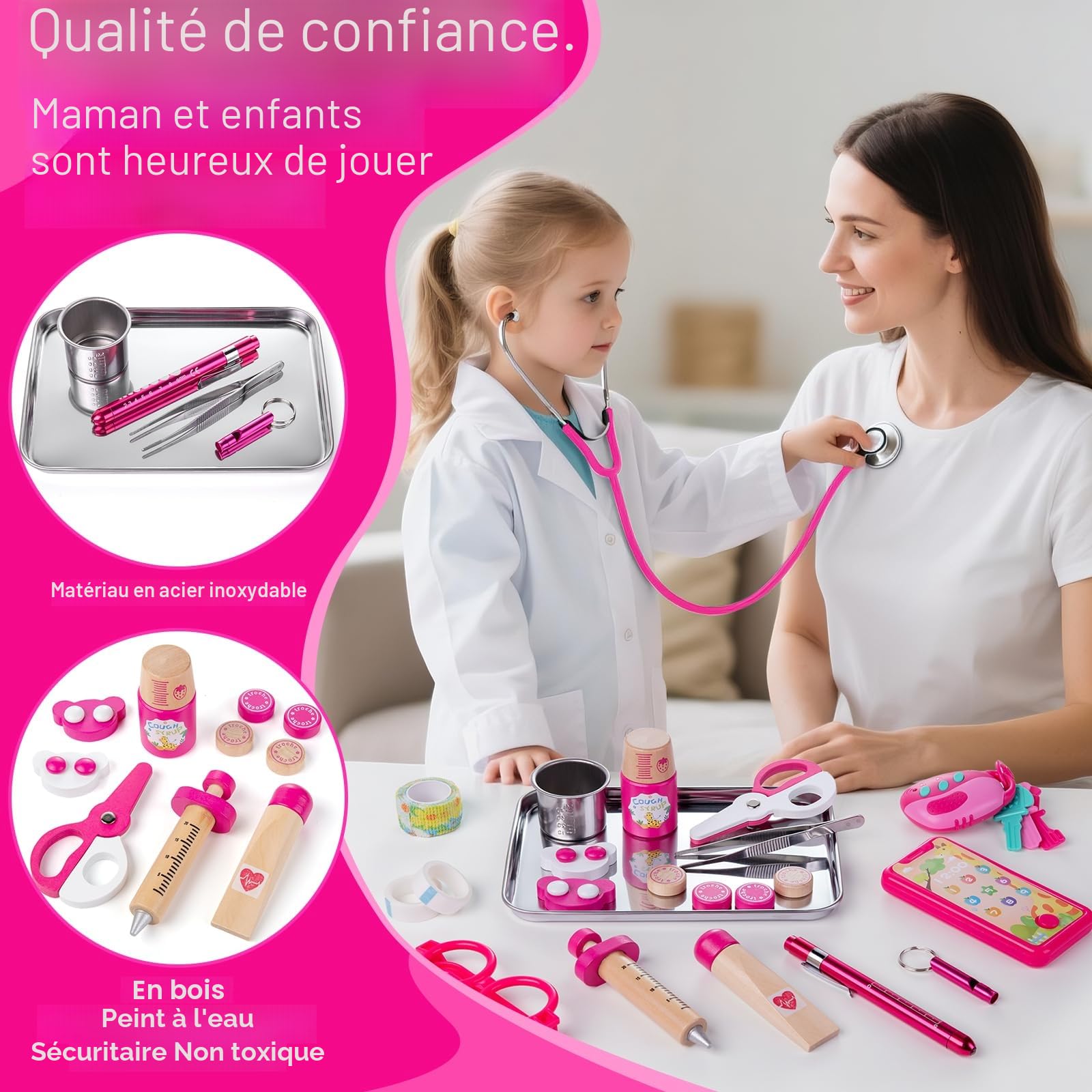 Sundaymot Malette Docteur Enfant, Jouet en Bois Jeux avec Stéthoscope, Thermomètre, Seringue, Sac De Médecin Et Déguisement Docteur, Jouet Enfant Fille 3 Ans