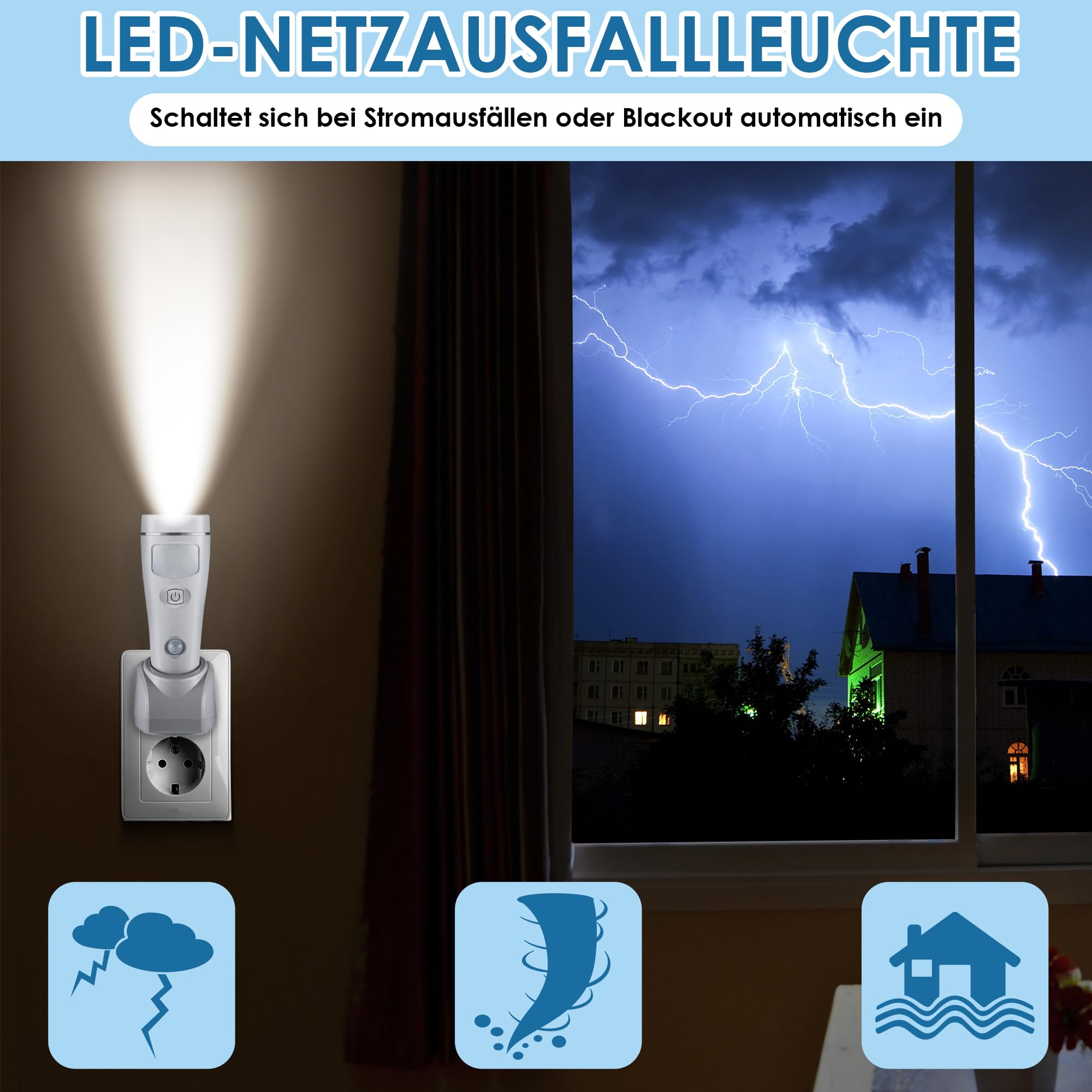 Hiboom 4 stuks LED-nachtlampjes met bewegingsmelder, 4-in-1 stroomuitval, zaklampen met EU-stekker, beweegbare LED-nachtlampjes met accu voor noodgevallen