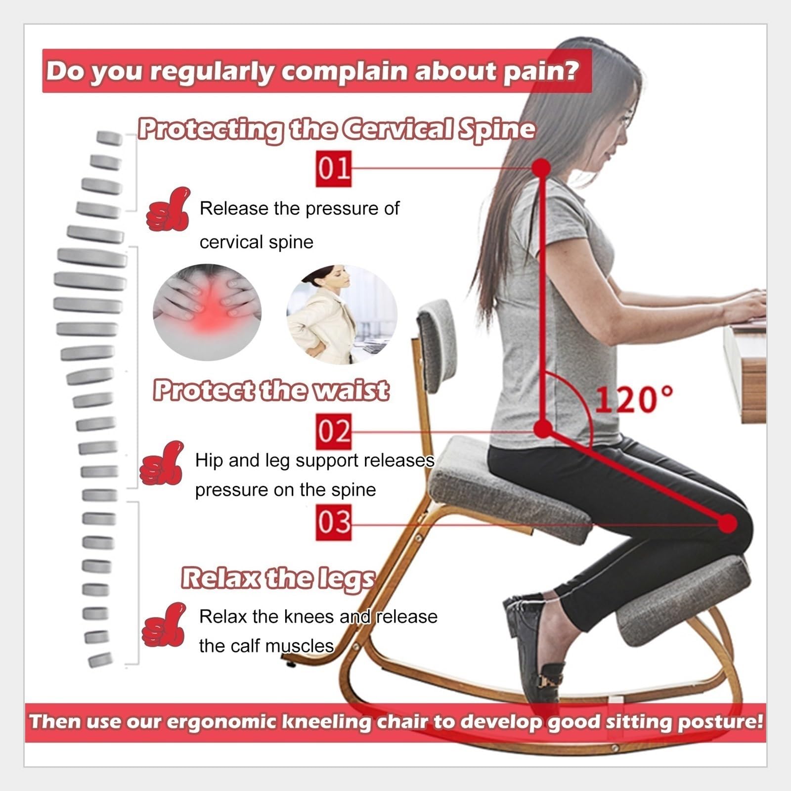 Chaise de bureau ergonomique à genoux avec support dorsal réglable pour le bureau - Coussin en lin en métal et lin - Idéal pour le fitness et la productivité