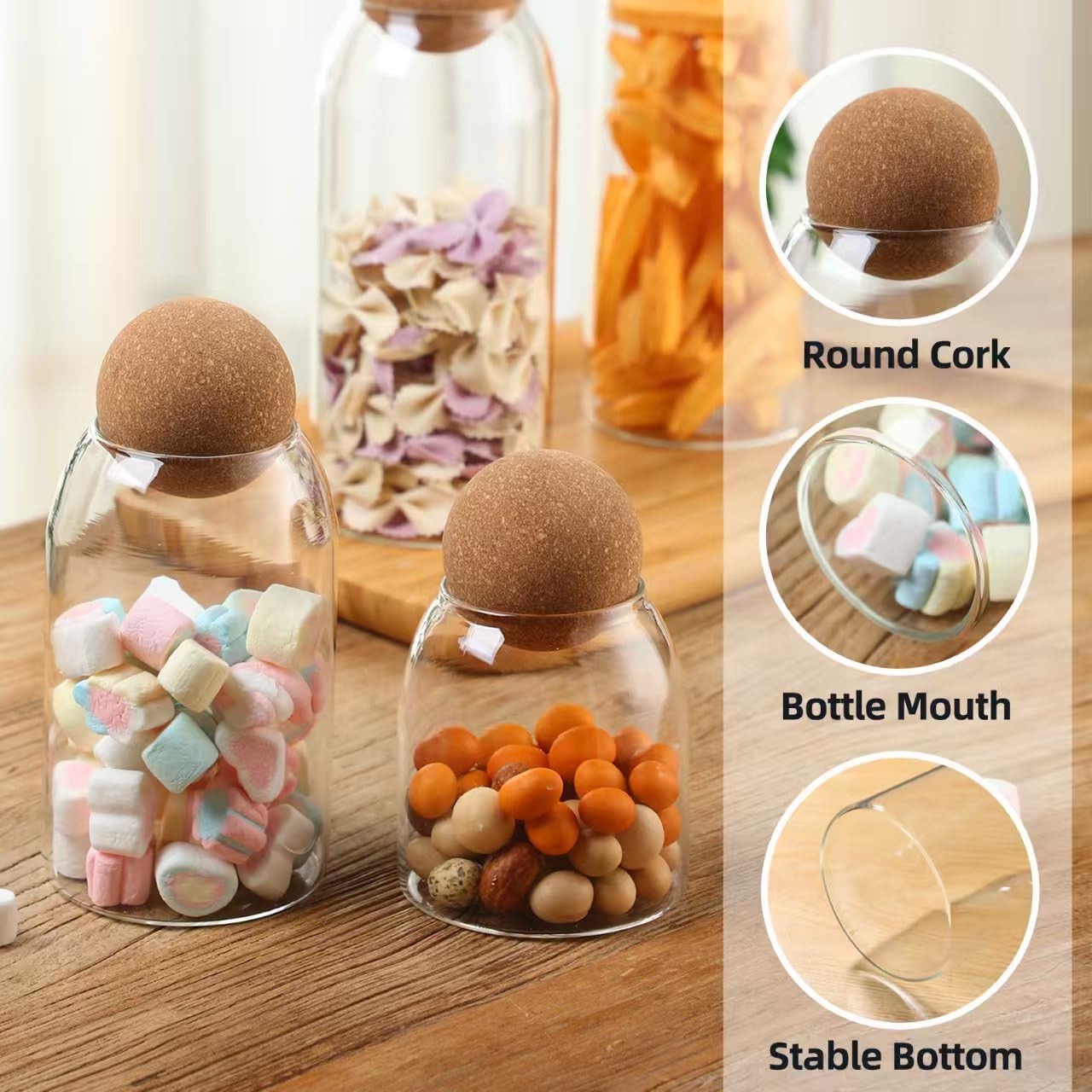 Vorratsdose aus Glas mit Kugelkorkendeckel, klare Glasdosen mit Korkkugel, niedliche dekorative runde Glasflaschen mit luftdichtem Holzdeckel für Gewürze, Zucker, Salz, Tee, Nüsse, Kaffeebohnen (4