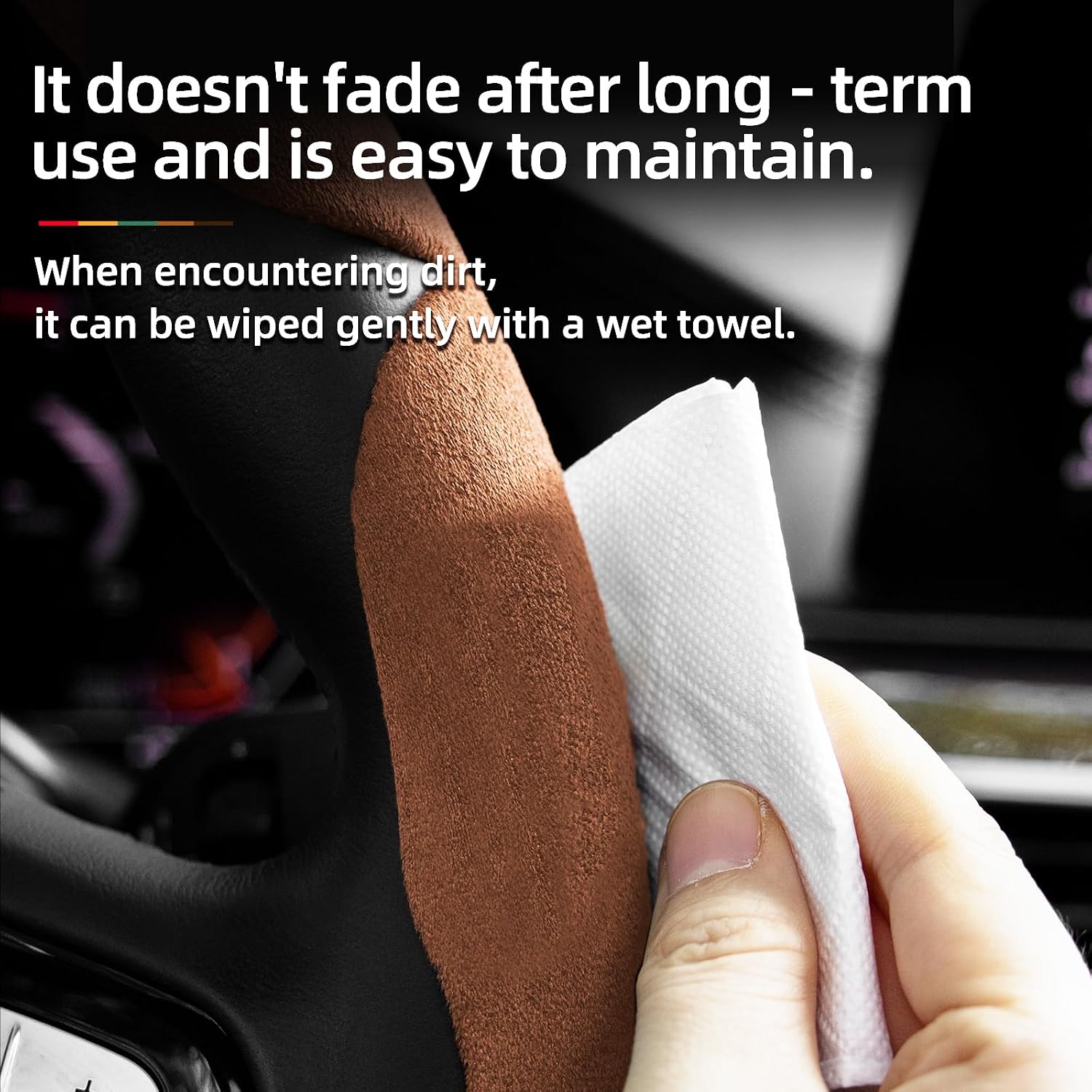 Suede Thin Car Steering Wheel Cover, 2 Piece, Suitable for Round and D Shaped Steering Wheels, Brown image 5