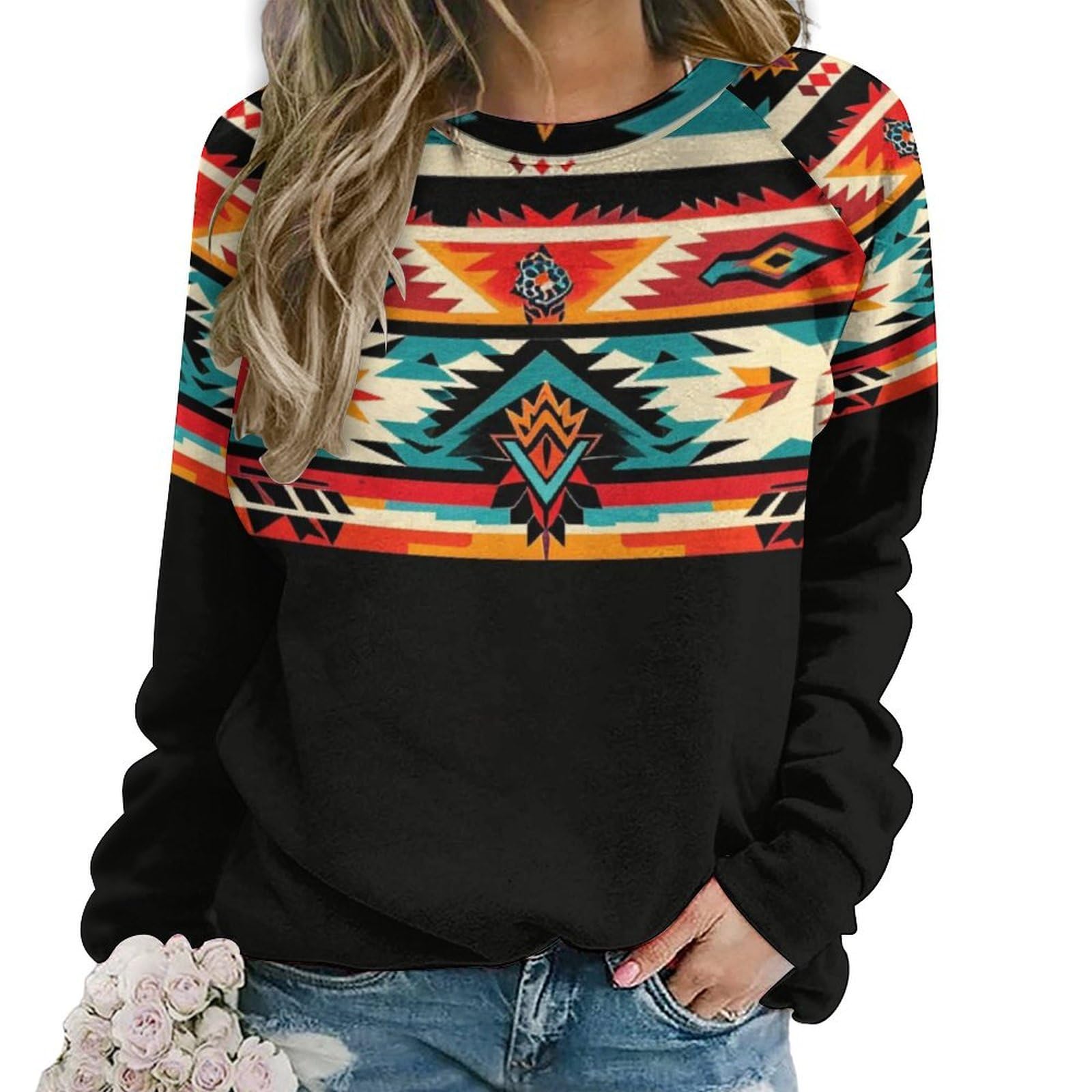 ZOCAVIA Western Aztec Sweatshirts for Women Retro Ethnic Graphic Crewneck Long Sleeve Pullover Tops Fall Casual Country Shirt