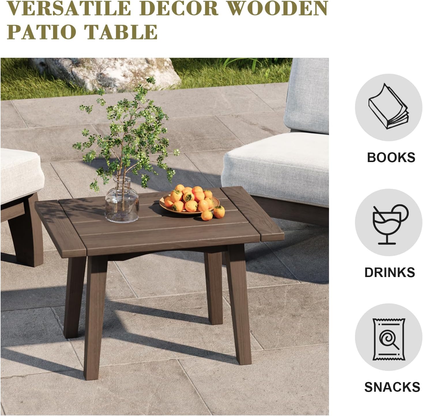 3 Piece Wood Patio Chair Outdoor Bistro Set, All Weather Outdoor Furniture Patio Sofa Chair Backyard Seating Group Conversation Sets with Wooden Side Table, Dark Gray
