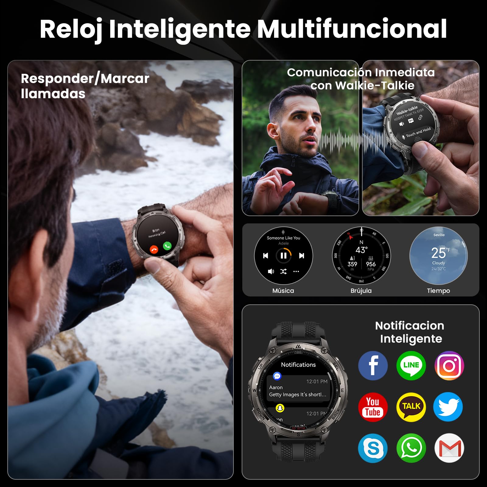 KOSPET Tank T4 Smartwatch con GPS, Acero Inoxidable, Mapas Offline, 10ATM Impermeable hasta 45 m, Batería de 50 Días, 180+ Modos Deportivos, Llamadas Bluetooth, Frecuencia Cardíaca y Sueño（Negro）