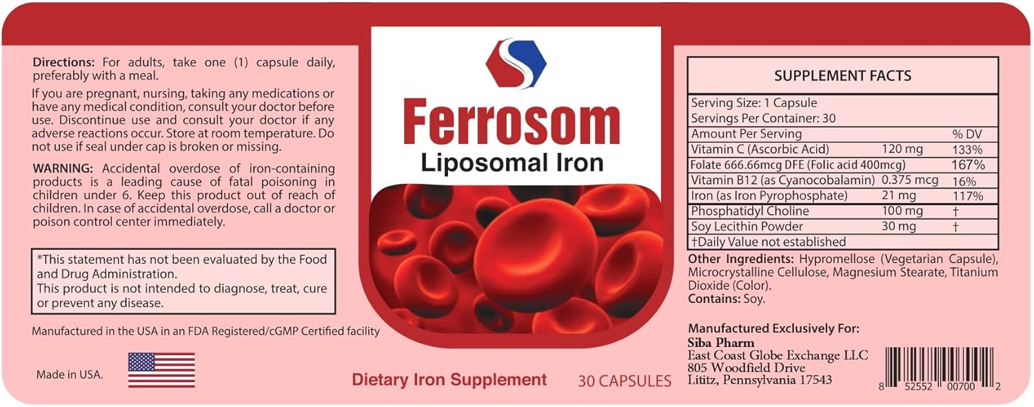 Liposomal Iron Supplements by Siba Pharm | Ferrosom Dietry Iron Vitamins Supplement | Rich in Vitamin C, B12, Folic Acid| Non GMO, Vegan, Premium Quality| Helps New Blood Cell Production | 30 Capsules - Image 3