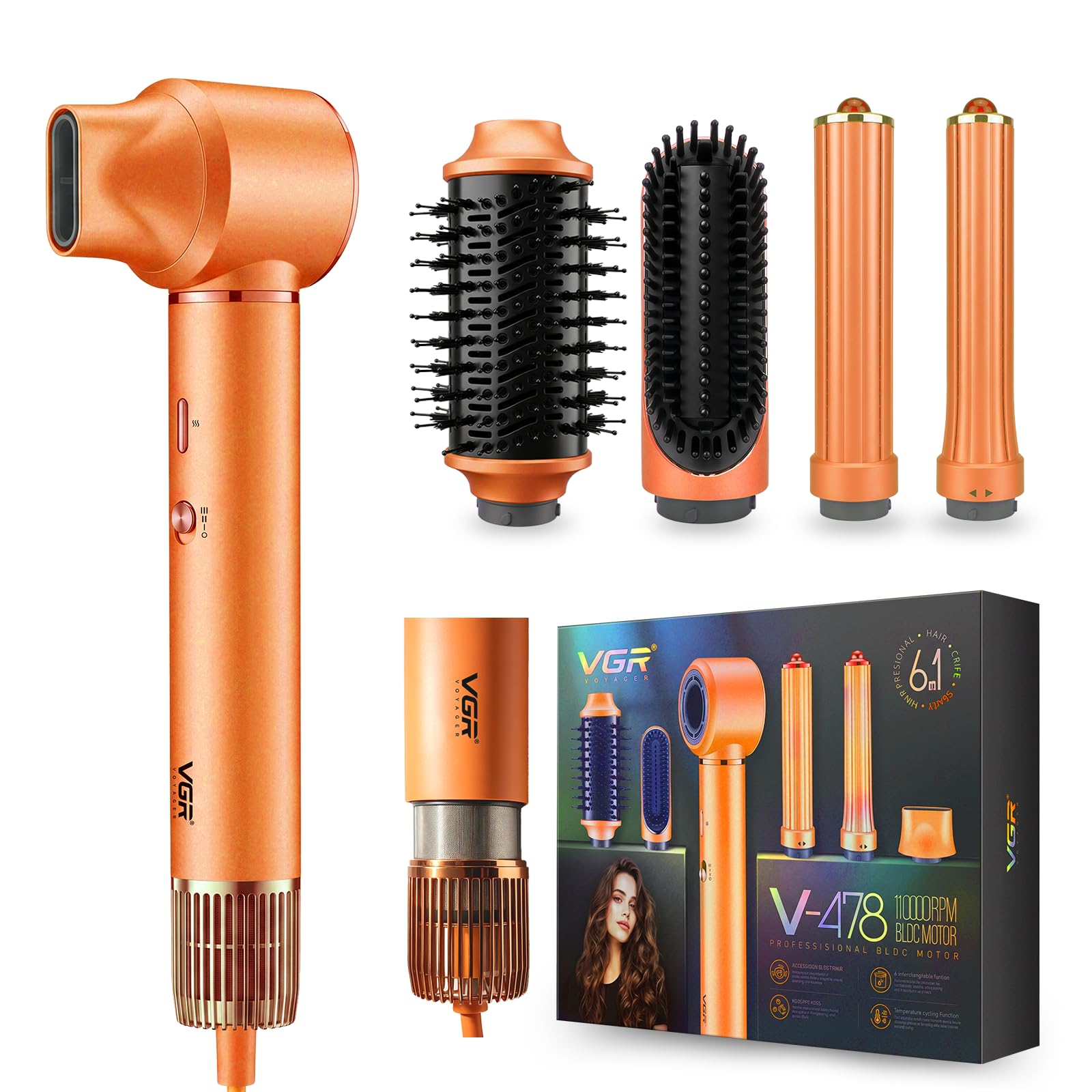 VGR 478 Estilizador de Cabello 6 en 1, 1300 W, 4 Temperaturas, Naranja | Cepillo Secador y Cepillo Redondo, 3 Velocidades y 4 Niveles de Temperatura, Rizador con Parte Trasera Extraíble