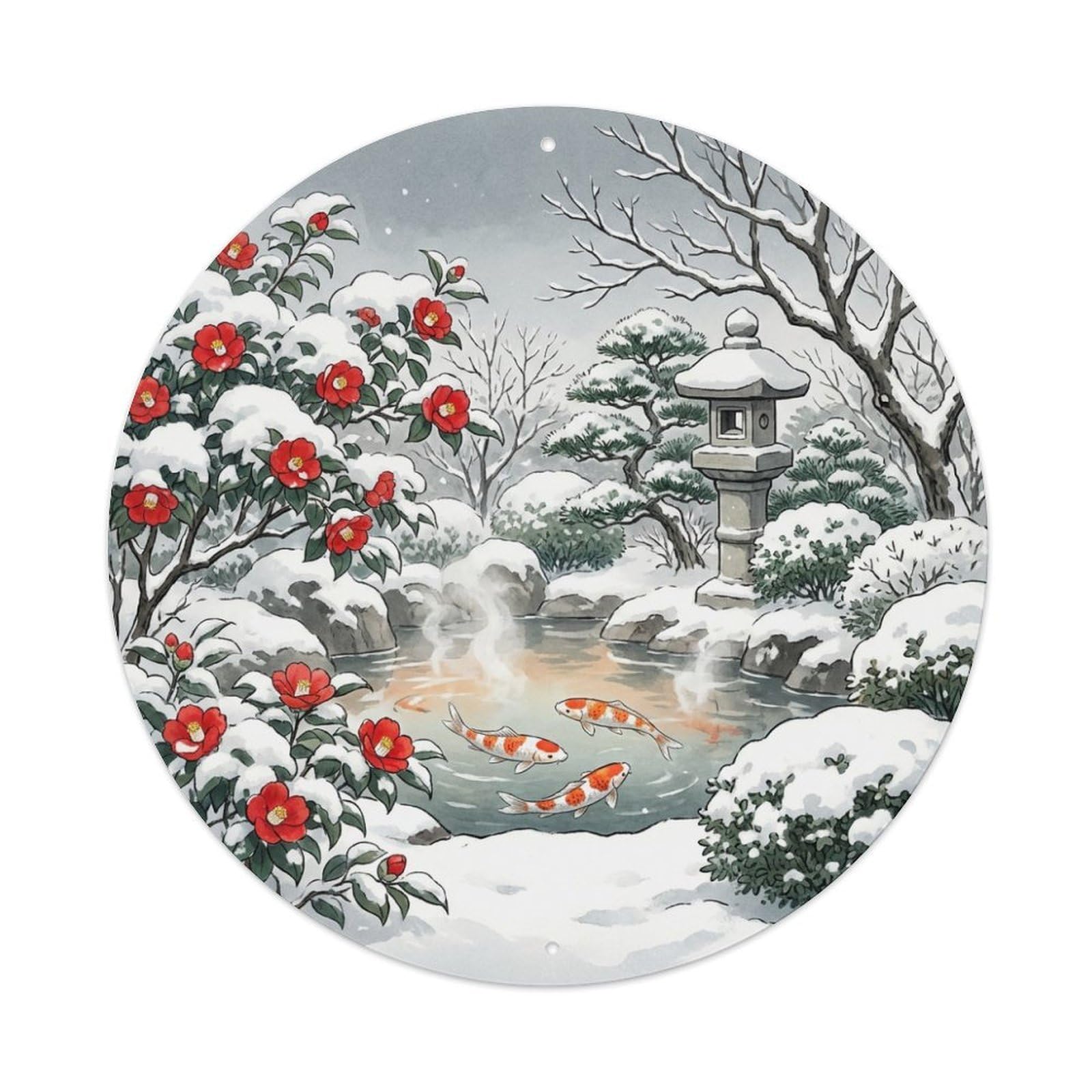 Galvaxio Style Japanese Camellia Garden Koi Fish Winter Bloom Metal Tin Sign