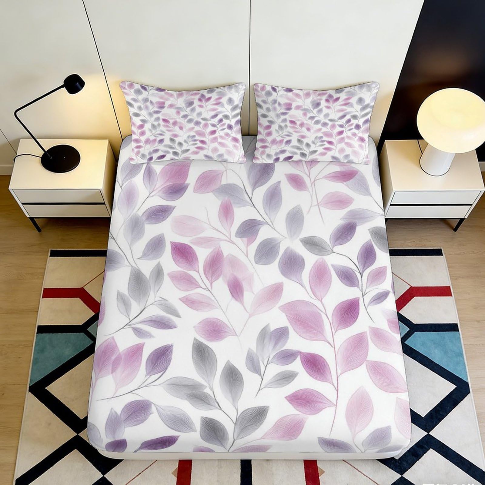 Uynsixtme Style-4 3D Printed Purple Leaf Fitted Sheet Microfiber Deep Pocket Non-Slip Purple Leaf Mattress Fitted Cover Bedroom 200X200x25cm