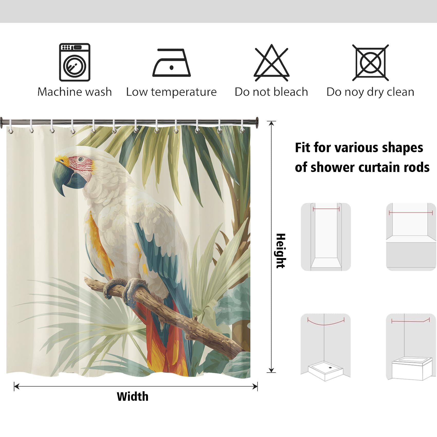 Extra Breit Duschvorhang Tropischer Vogel 240x200 cm, Waschbar Duschvorhänge Dschungel Palmenblatt Papagei, Wasserabweisend Polyester Stoff mit Haken, Dekor Badezimmervorhang für Badewanne Dusche