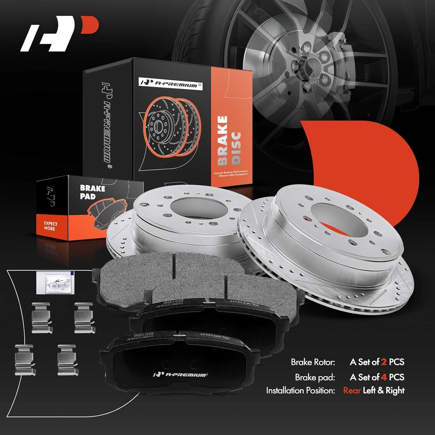 A-Premium 13.58 in (345mm) Rear Drilled and Slotted Disc Brake Rotors + Ceramic Pads Kit Compatible with Toyota and Lexus Models - LX570/Land Cruiser 2008-2011/2013-2021, Sequoia 08-21, Tundra 07-21