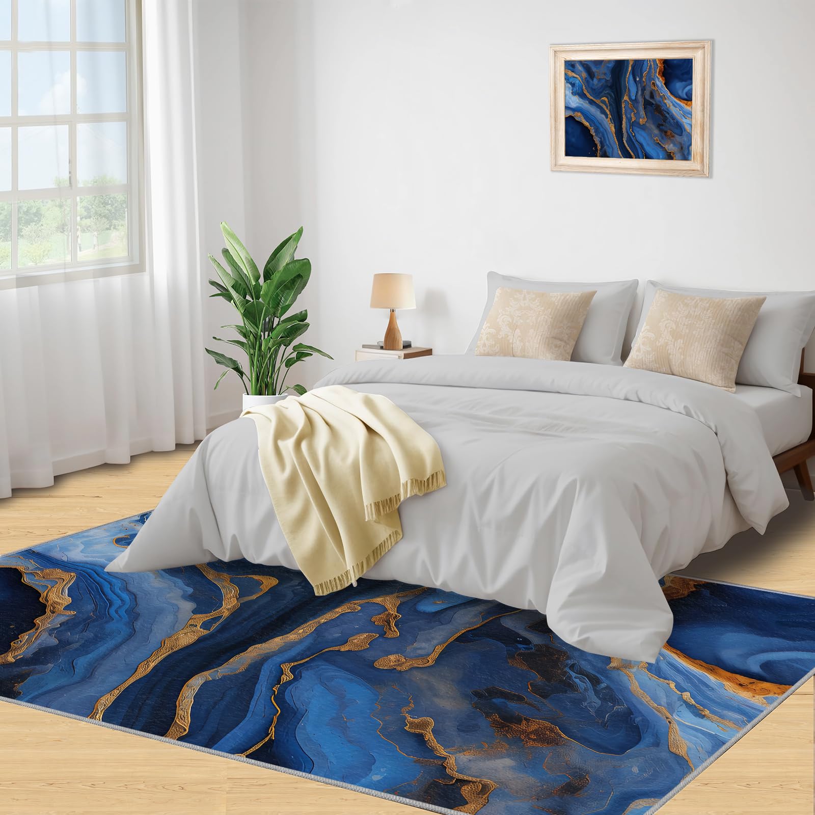 Tapis de sol 80 x 150 cm - Motif marbre abstrait bleu marine - Plaqué or 3D - Pour chambre à coucher, salon, salle d'étude