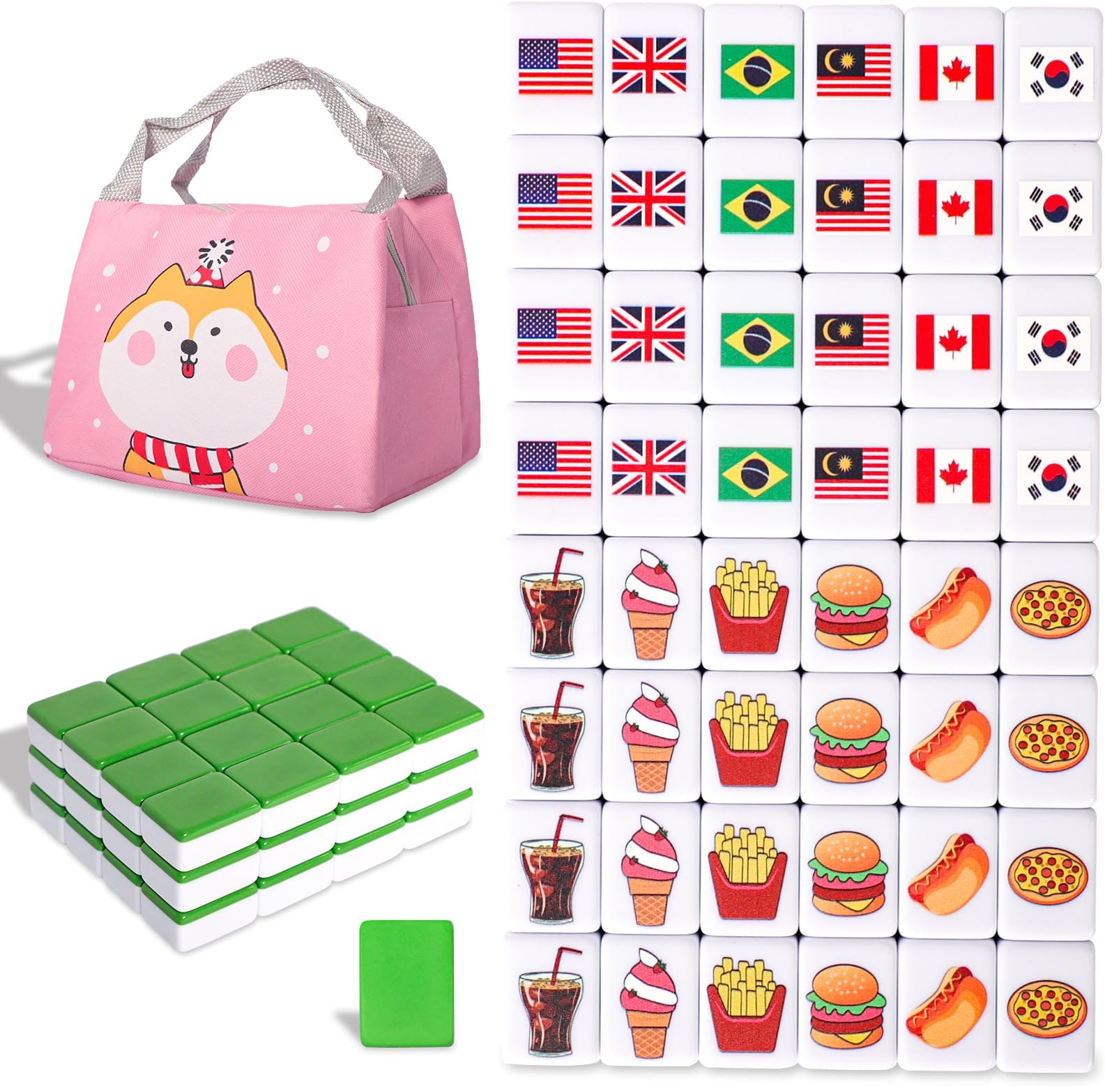 GRACIAS Mahjong Tile Game Set, 2 Players Mahjong Block Set with 49 Premium Green Tiles (1.2”), Portable Mahjongg Set with Pink Carrying Bag.