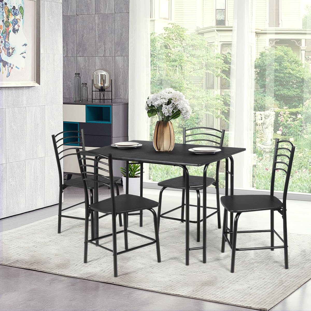 HOMASIS Set da Pranzo con 1 Tavolo e 4 Sedie in Legno, Tavolo Rettangolare con Sedie Ergonomiche, 107 x 70 x 75 cm, Nero