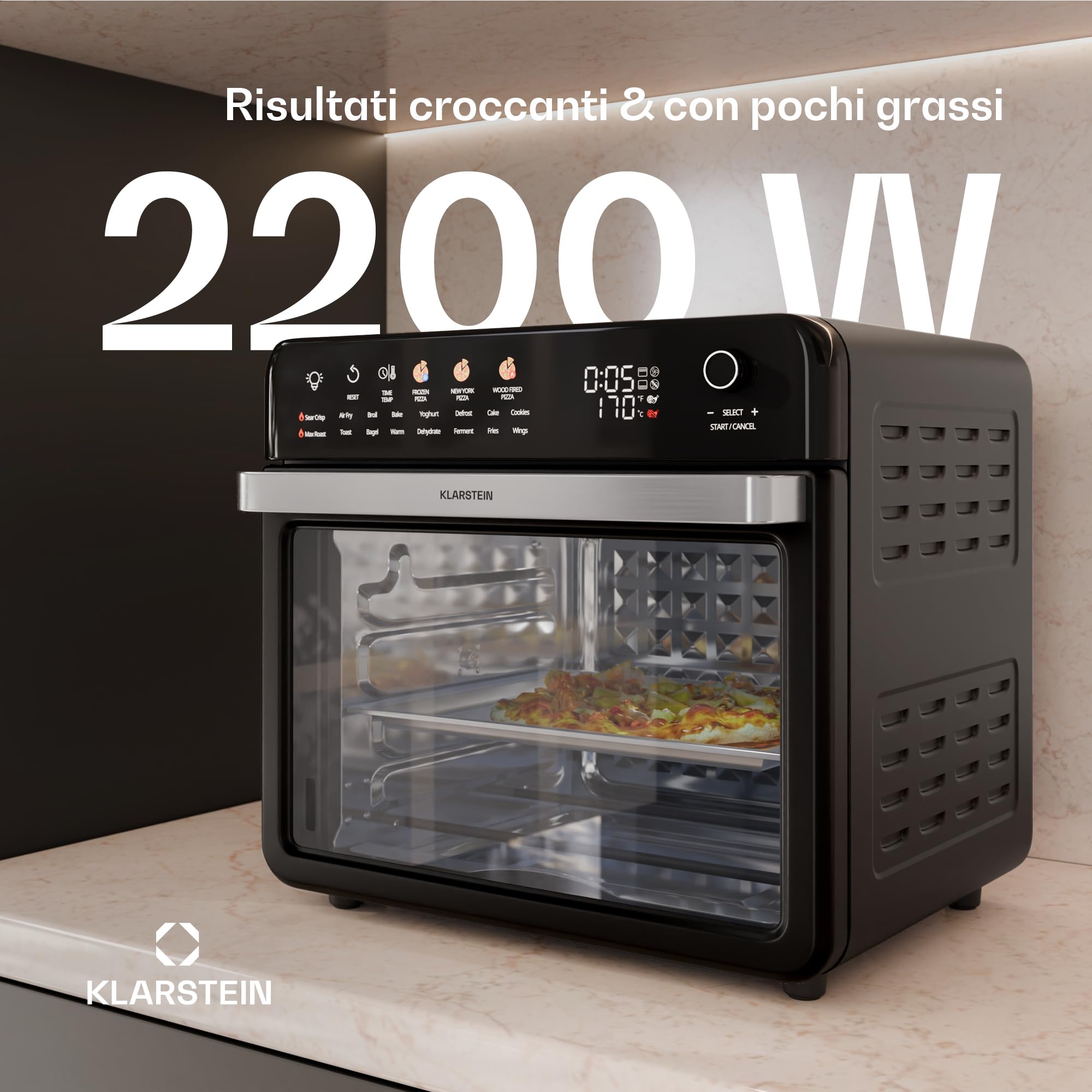 Klarstein AirGlaze - Friggitrice Ad Aria, 34L, Fornetto, 2,000W, 19 Programmi, Display Digitale, Funzione Girarrosto, Accessori Rimovibili, Sportello A Doppio Vetro, Nero
