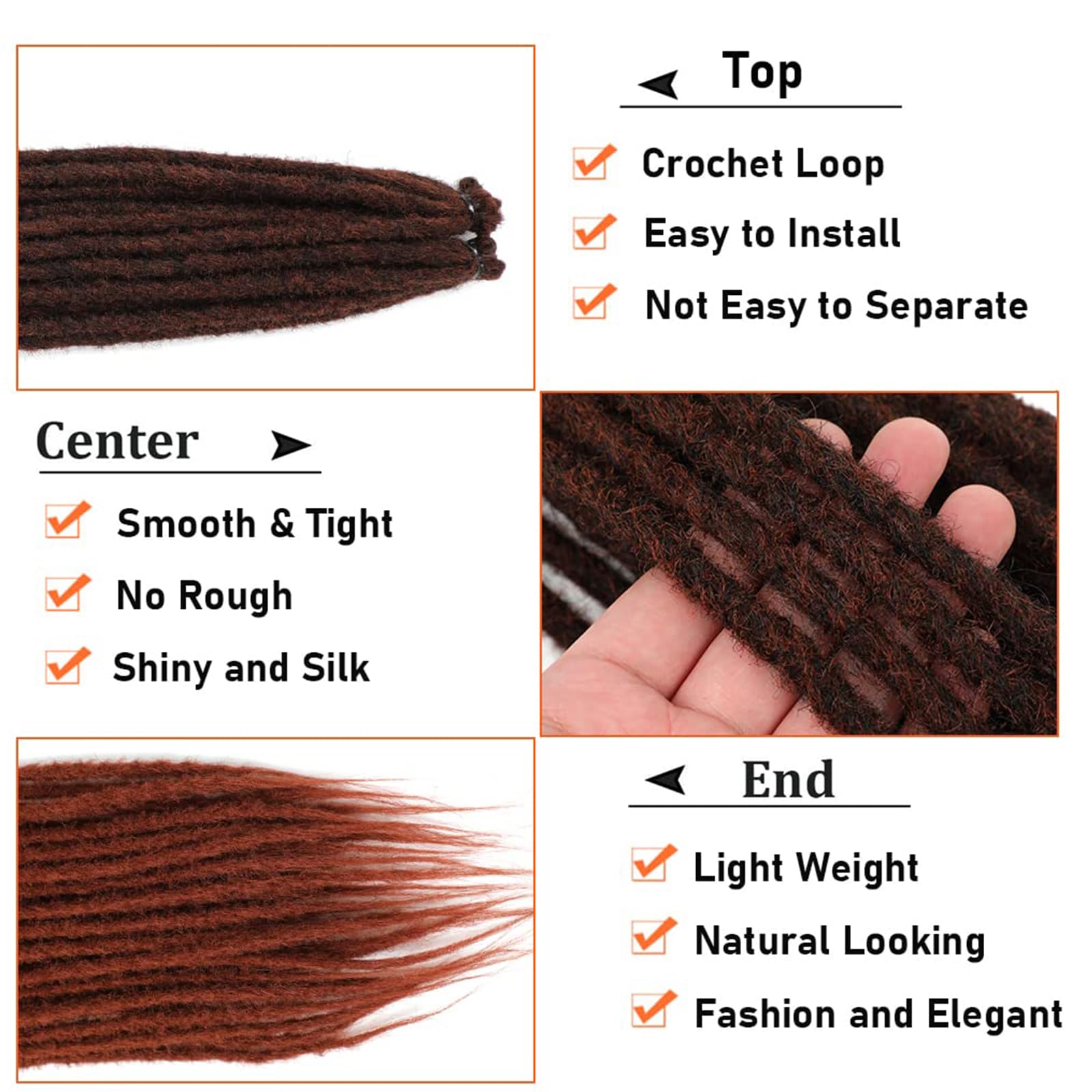 Dreadlock Extensions 24 Inch Synthetic Hippie Single Ended Dreads 10 Strands Ginger 0.6 cm Width Loc Extensions Reggae Style Crochet Hair for Women (1B/350 - Image 3