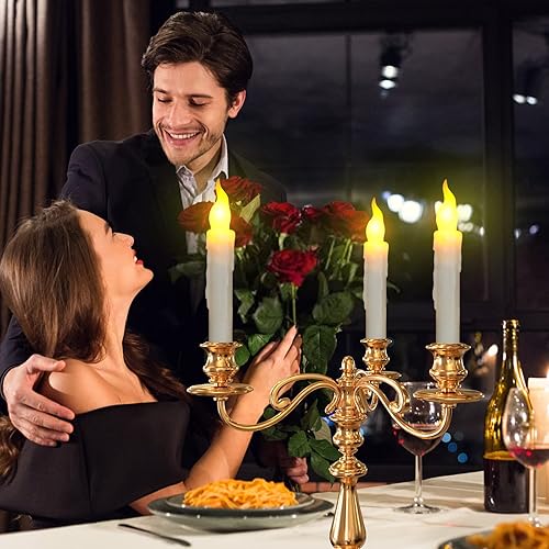 Miniatura 9 de PChero 6 velas cónicas sin llama con temporizador, 6.7 pulgadas, funciona con pilas, candelabros cónicos con llama parpadeante amarilla cálida,