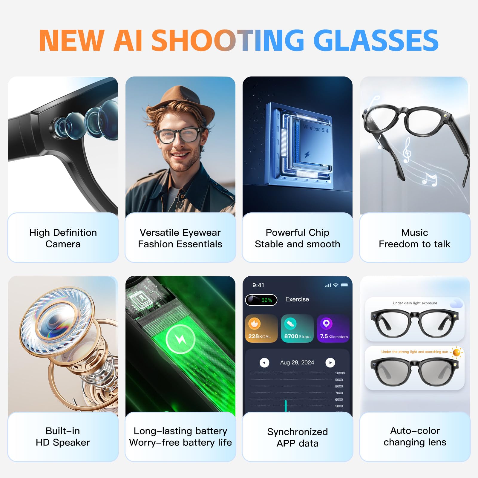 Lunettes Connectées IA,Bluetooth Avec Caméra Hd 200 W,Photo Et VidéO Ia,Assistant Vocal,Verres Photochromiques,Synchronisation Des Applications,éCoute De Musique Et Appels En Toute Simplicité !