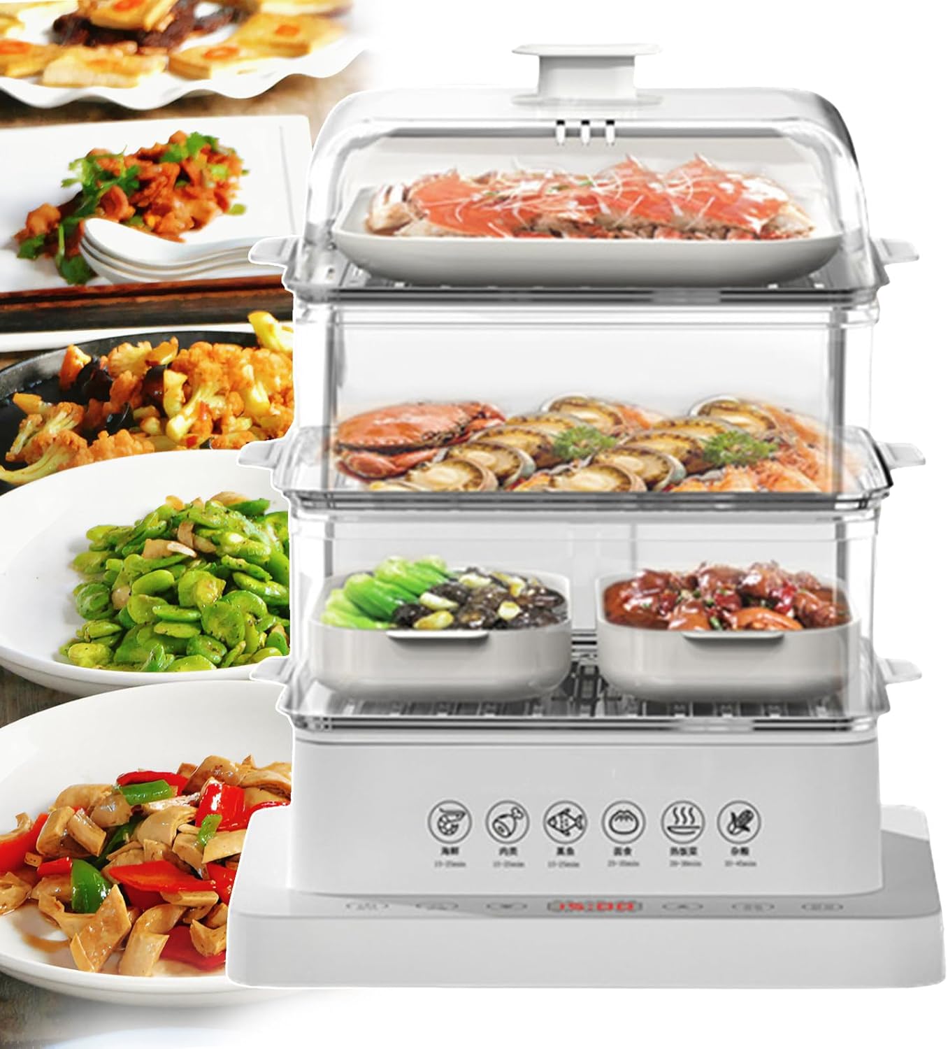 3-Tier Electric Food Steamer - 40L Foldable Hot Food Heater, Automatic 12-Hour Heat Preservation, Ideal for Healthy Cooking & Meal Prep, Space-Saving Kitchen Cookware