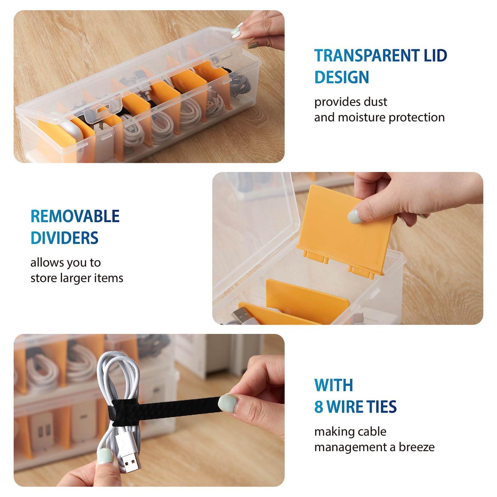 Kabel-Organizer-Aufbewahrungsbox mit 8 Kabelbindern, transparenter Handy-Ladegerät, Organizer, Kabel-Organizer für Kabel, elektronische Aufbewahrungsbox für Schublade, Schreibtisch, Büro,