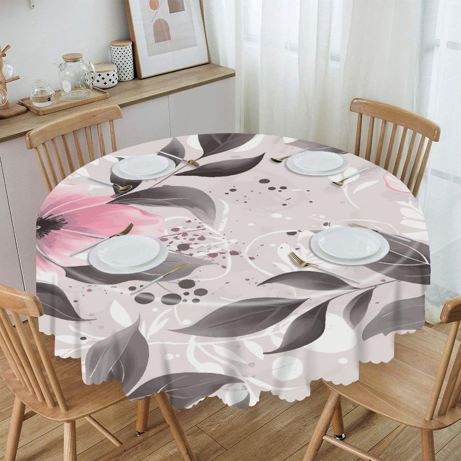 FekiLoot Pink Flowers and Leaves on Gray Round Tablecloths 60 Inch Resistant Washable Polyester Table Cloth Style Decorative Circle Fabric Table Cover for Dining Kitchen Party Farmhouse Outdoor