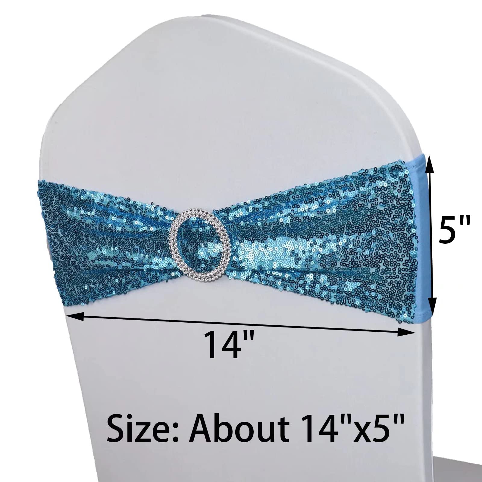 MYS QiQi Pack of 10 Stretch Sequin Chair Sashes, One-Sided Sequin with Buckle, for Wedding Party Chair Cover Decoration, Stretch Spandex Chairs Bands (10 PCS Azure)