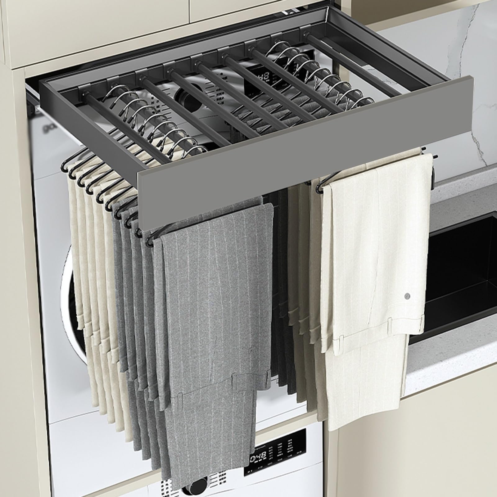 Ausziehbarer Hosenständer mit Schublade, unsichtbarer Wäscheständer, eingebauter ausziehbarer Wäschekorb für Waschmaschine, platzsparender Unterbau-Organizer (614-664 mm)