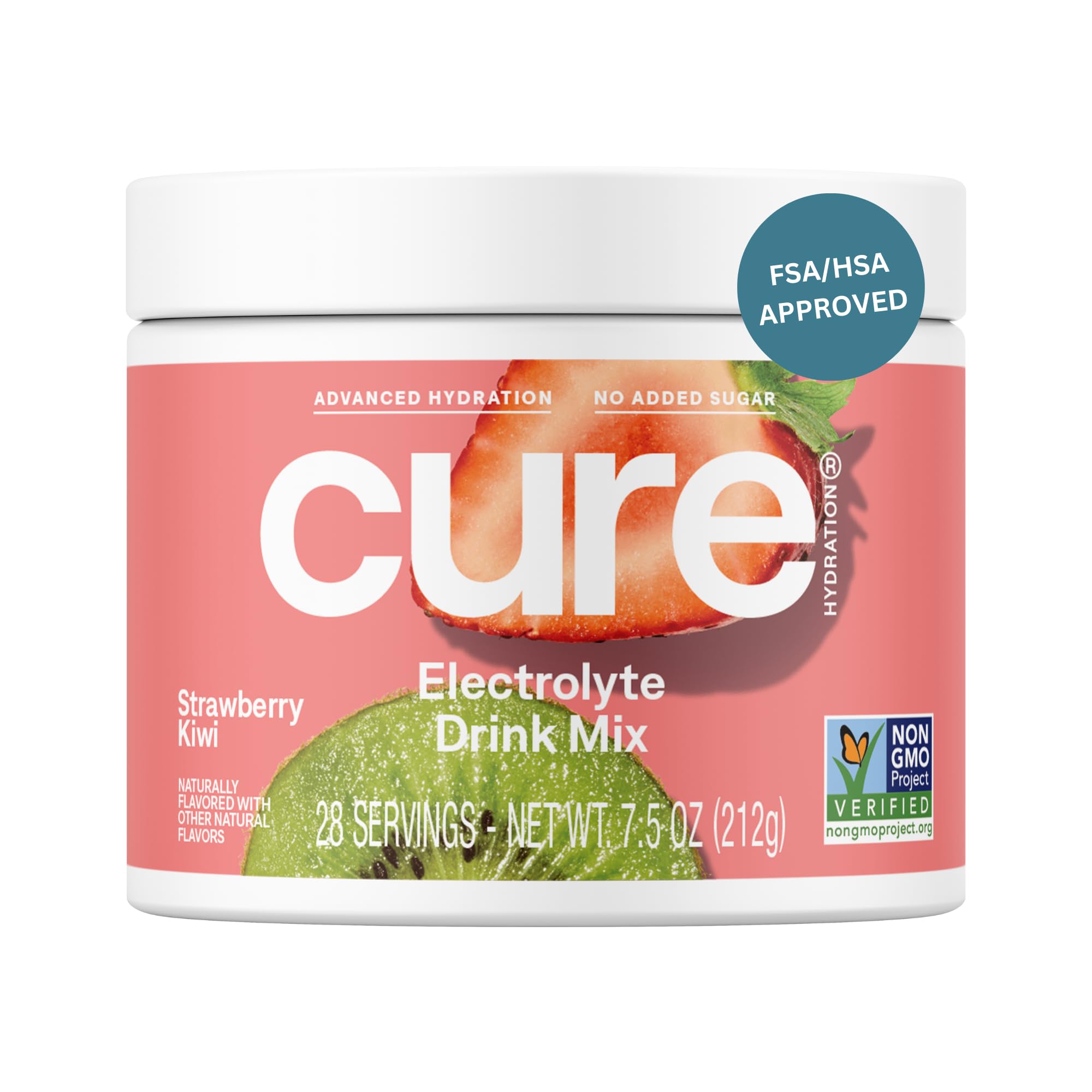 Cure Hydration | Plant-Based Electrolyte Drink Mix | No Added Sugar | FSA-HSA | Dehydration Relief Powder Made with Coconut Water | Non-GMO | Vegan | 28 Servings Jar - Strawberry Kiwi
