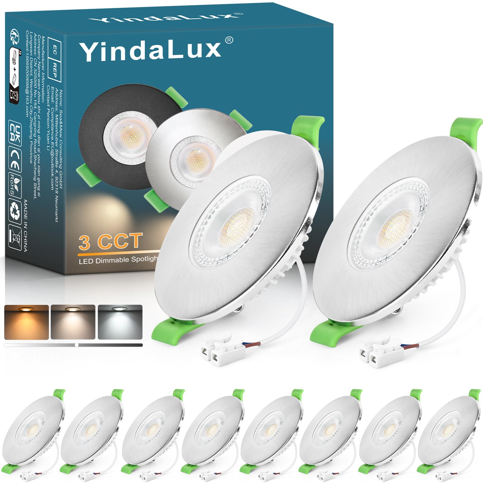 YindaLux Recessed LED Spotlight 230V Dimmable 7W 700LM – Nickel Ceiling Spot, 60-75mm Hole Size, IP65 Bathroom Recessed Lighting – Warm 2700K | Neutral 4000K | Cool 6000K (10-Piece Set)