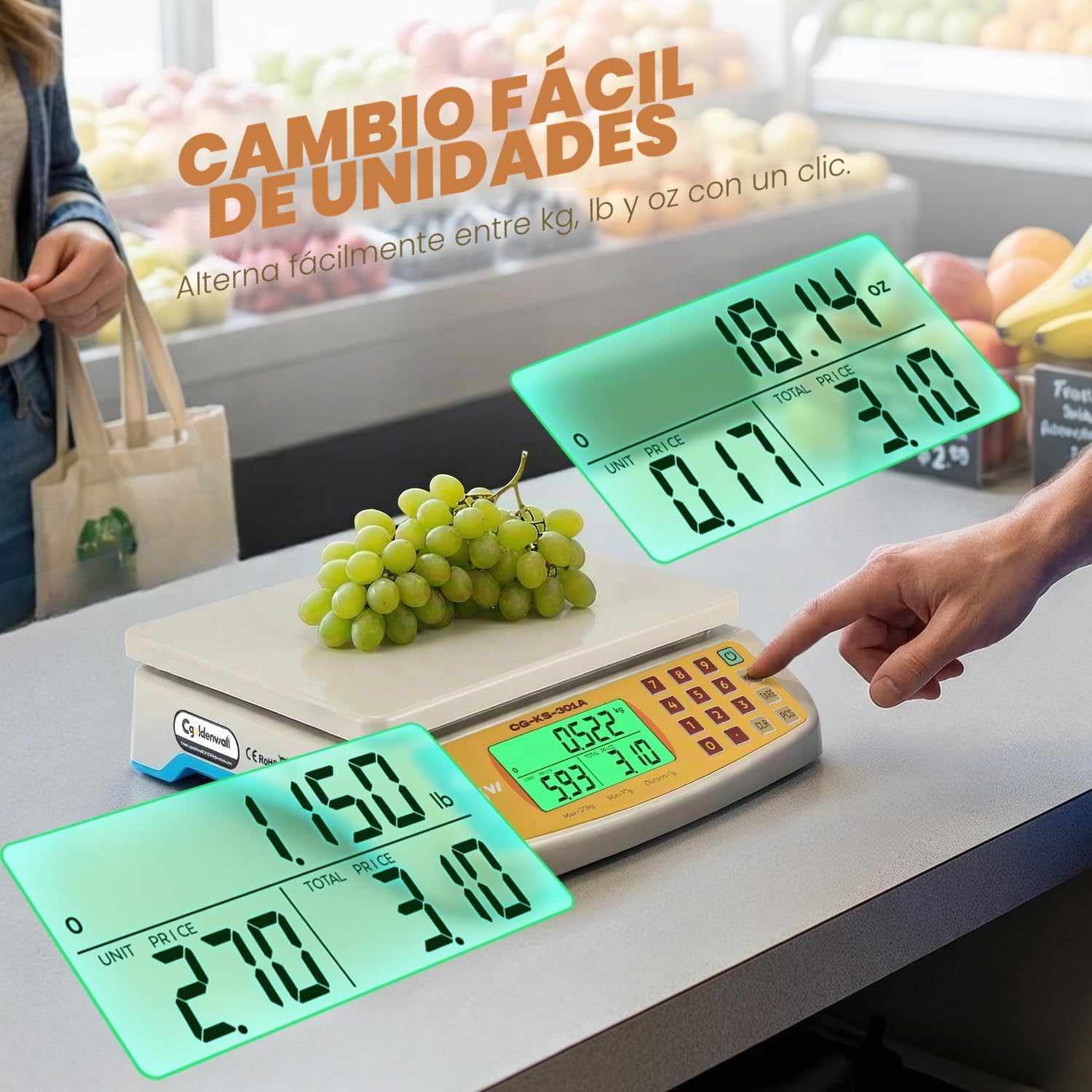 CGOLDENWALL 30kg/1g Báscula para Alimentos Digital - KG/LB/OZ, Conteo 7 Tara | Balanza de alimentos digital con 21,5 x 24 cm, bandeja grande, pantalla LCD y doble alimentación para cocina y panadería