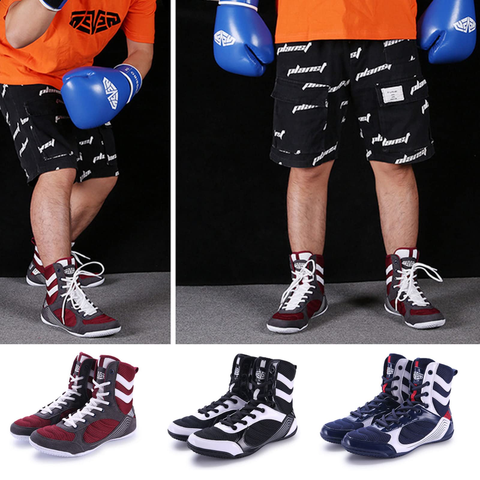 EMDPBD Wysokie buty bokserskie, męskie buty bokserskie, antypoślizgowa gumowa podeszwa, buty treningowe bojowe, czerwono-szare, rozmiar 44