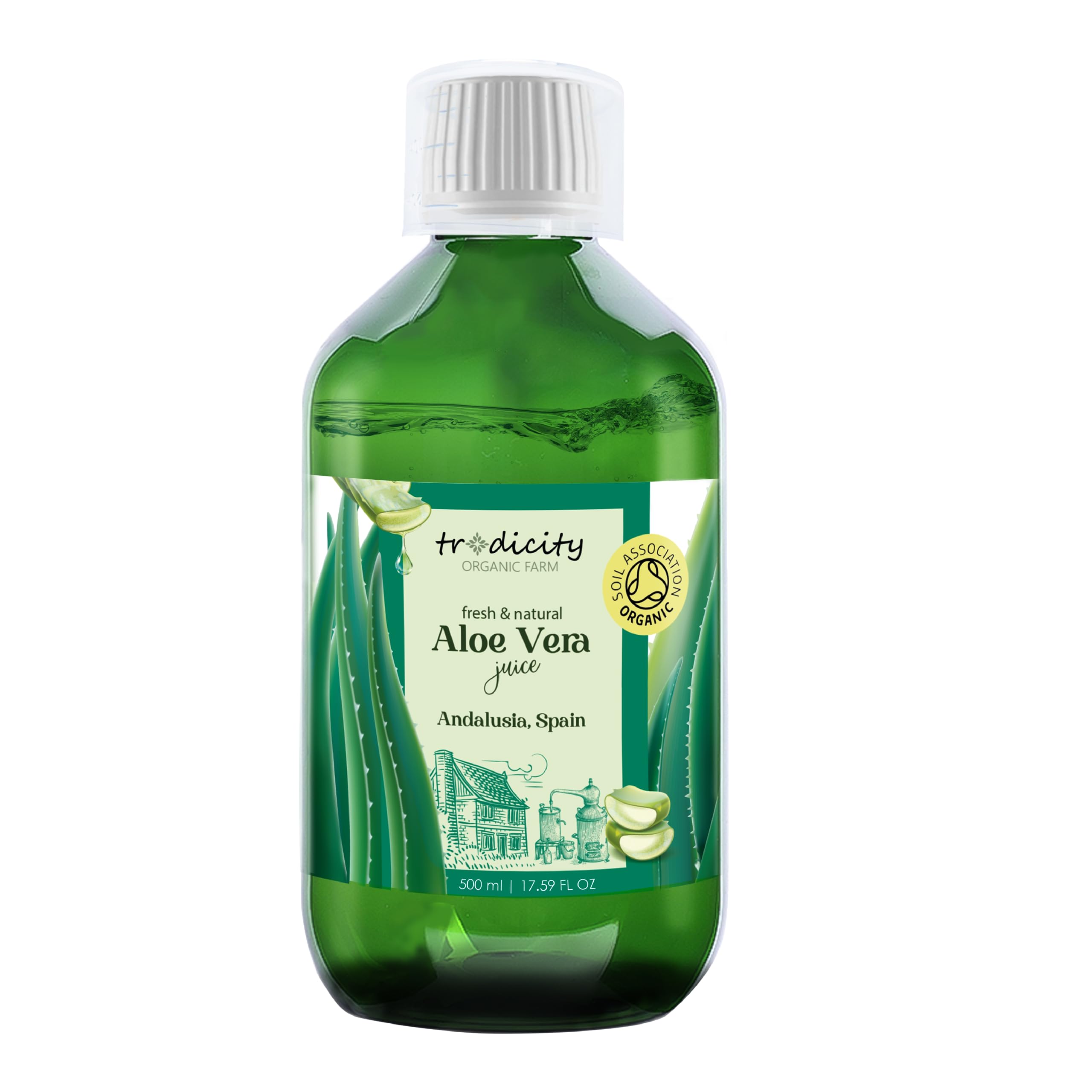 Tradicity Organic Farm Klar Aloe Vera Reinflüssigkeit 100% Natürliches Bio: Feuchtigkeitsspendend, Beruhigend Und Reparierend, Reinigendes Tonikum, After-Sun, Enthaarung Und Rasur, Anti-Aging Serum. Hauskosmetik - 500 Ml