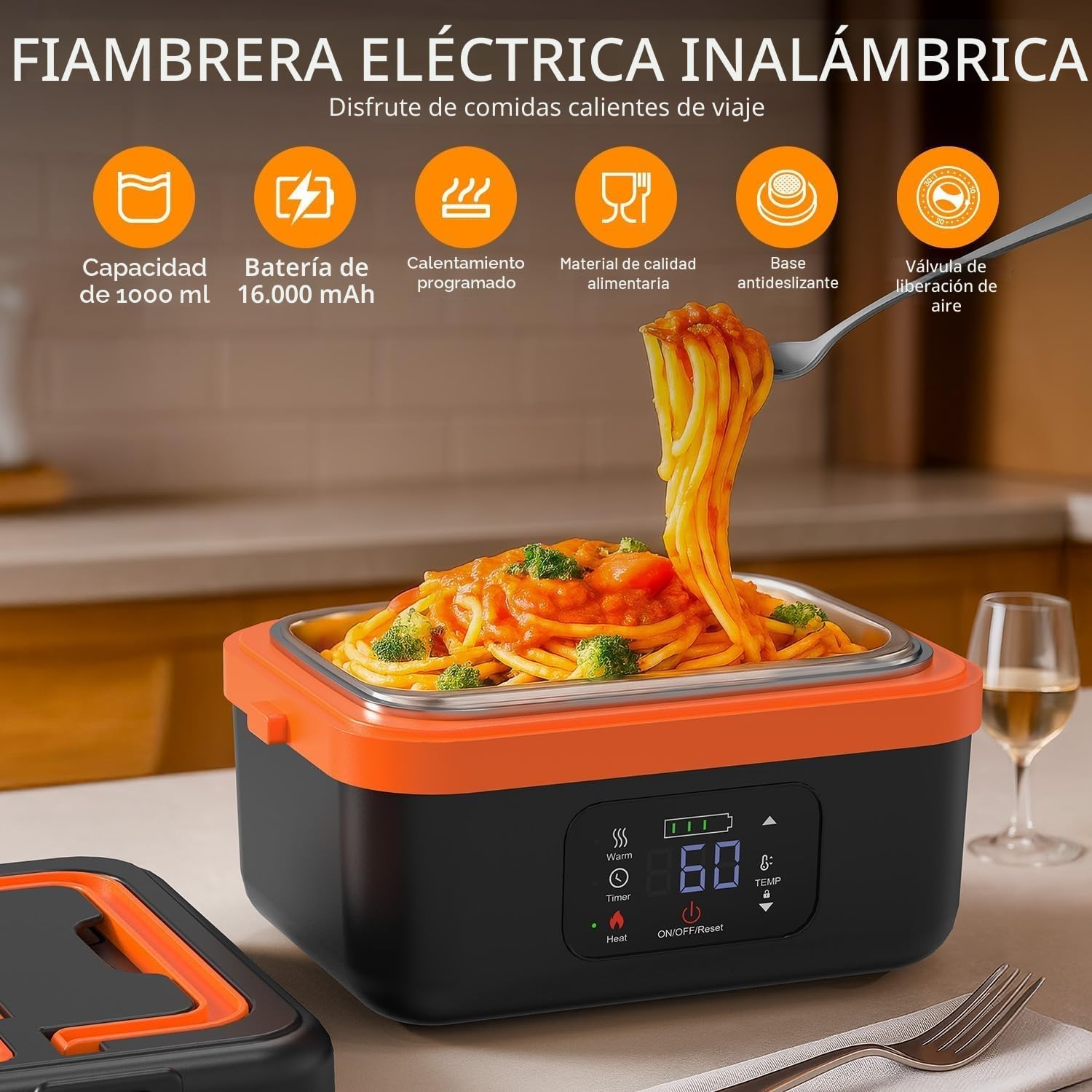 1 L cuenco calefactor, almuerzo caja calefactora para adultos con batería, recargable para almuerzo, caja eléctrica con temporizador y función, con vajilla de acero inoxidable y bolsa isotérmica