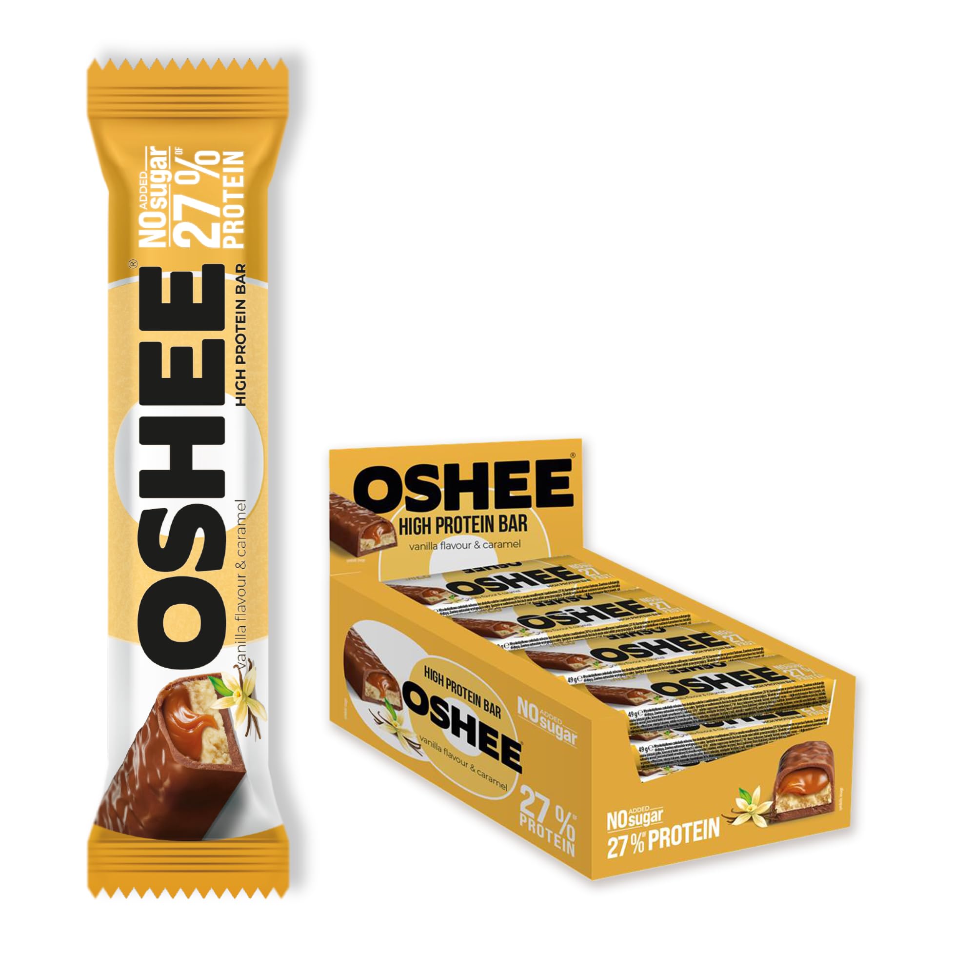 Oshee High Protein Bars – Vanilla & Caramel, 49g (Pack of 12), 27% Protein Snack for Muscle Recovery & Energy, No Added Sugar, High Fibre, Ideal for Active Lifestyles