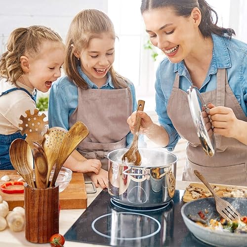 Miniatura 7 de Juego de utensilios de cocina de madera sin revestimiento aptos para lavavajillas, juego de utensilios de cocina de bambú con agujeros, cucharas de