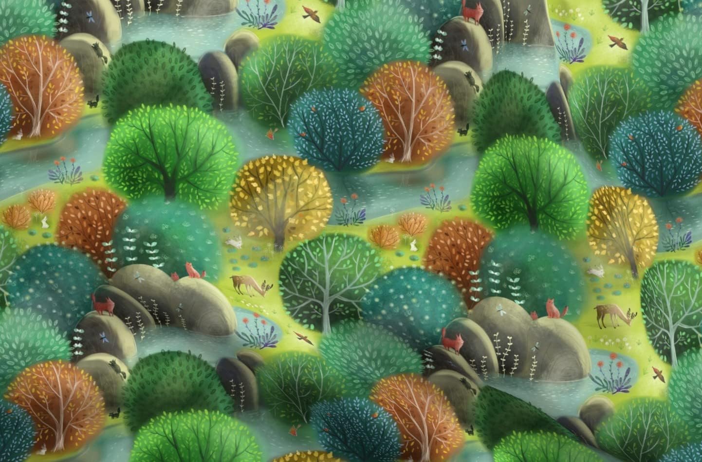 Spoonflower Fabric - Emerald Forest Green Nature Wild Trees Park Summer Animals Woodland Printed on Organic Cotton Sateen Fabric by The Yard - Sewing Quilting Apparel Home Decor