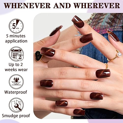 Miniatura 4 de Uñas postizas a presión con diseño de ojo de gato, hechas a mano, color marrón, cuadradas, medianas, con pegamento, kit de uñas reutilizables para