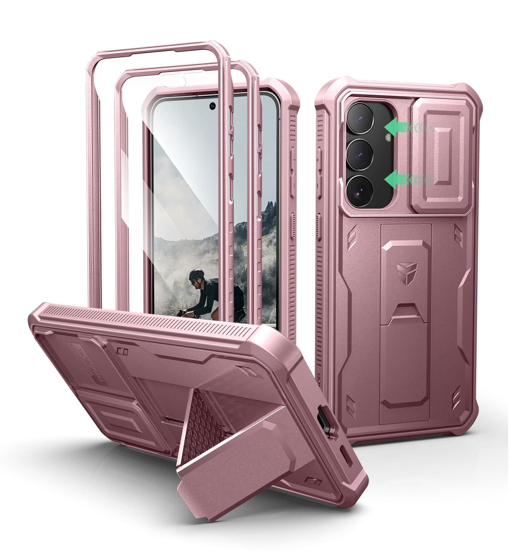 Dexnor for Samsung Galaxy S25 FE Case with Upgraded Slide Camera Cover &amp; 2 Front Frames &amp; Built-in Screen Protector &amp; Kickstand, Heavy-Duty Rugged Case Full-Body Protective Cover(2025),Peony Pink