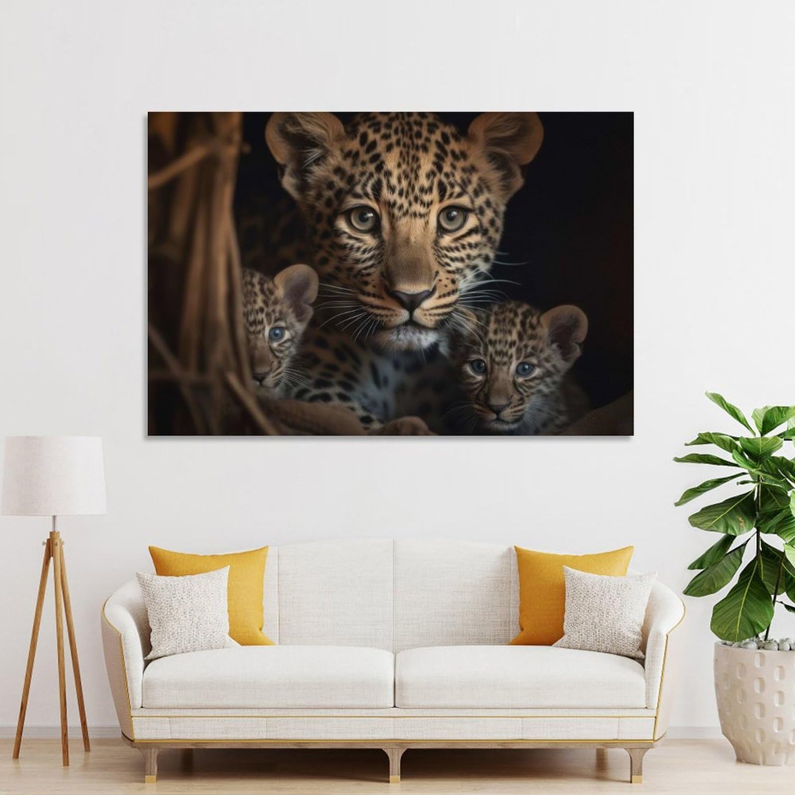 Junmoney Leopard With Cubs Canvas Wall Art 24x36inch(60x90cm), for Study, Office Or Focused Interiors, Home Office Artwork with Decorative Appeal