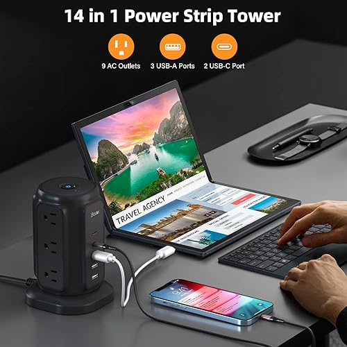 Miniatura 3 de BESFAN - Regleta de alimentación de enchufe plano con 9 tomas, 5 puertos USB (2 USB C), cable de extensión BESFAN de 1625 W de 6.5 pies con