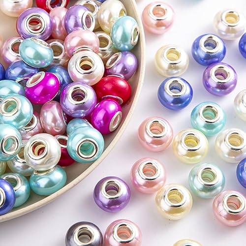 Miniatura 4 de Decoendiy 100 cuentas europeas de agujero grande, cuentas de perlas sintéticas, cuentas redondas pulidas de resina, cuentas espaciadoras sueltas,
