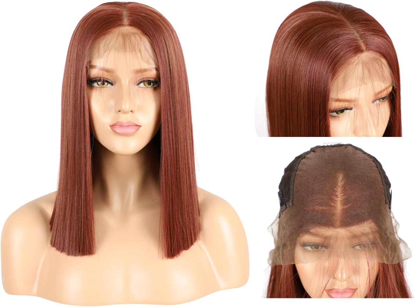 LVMIX Red Copper Wig 13×6 Deep Part Bob Lace Front Wigs 14'' Brown Mixed Heat Resisdent Natural Hair Hairline Straight Wigs for Women