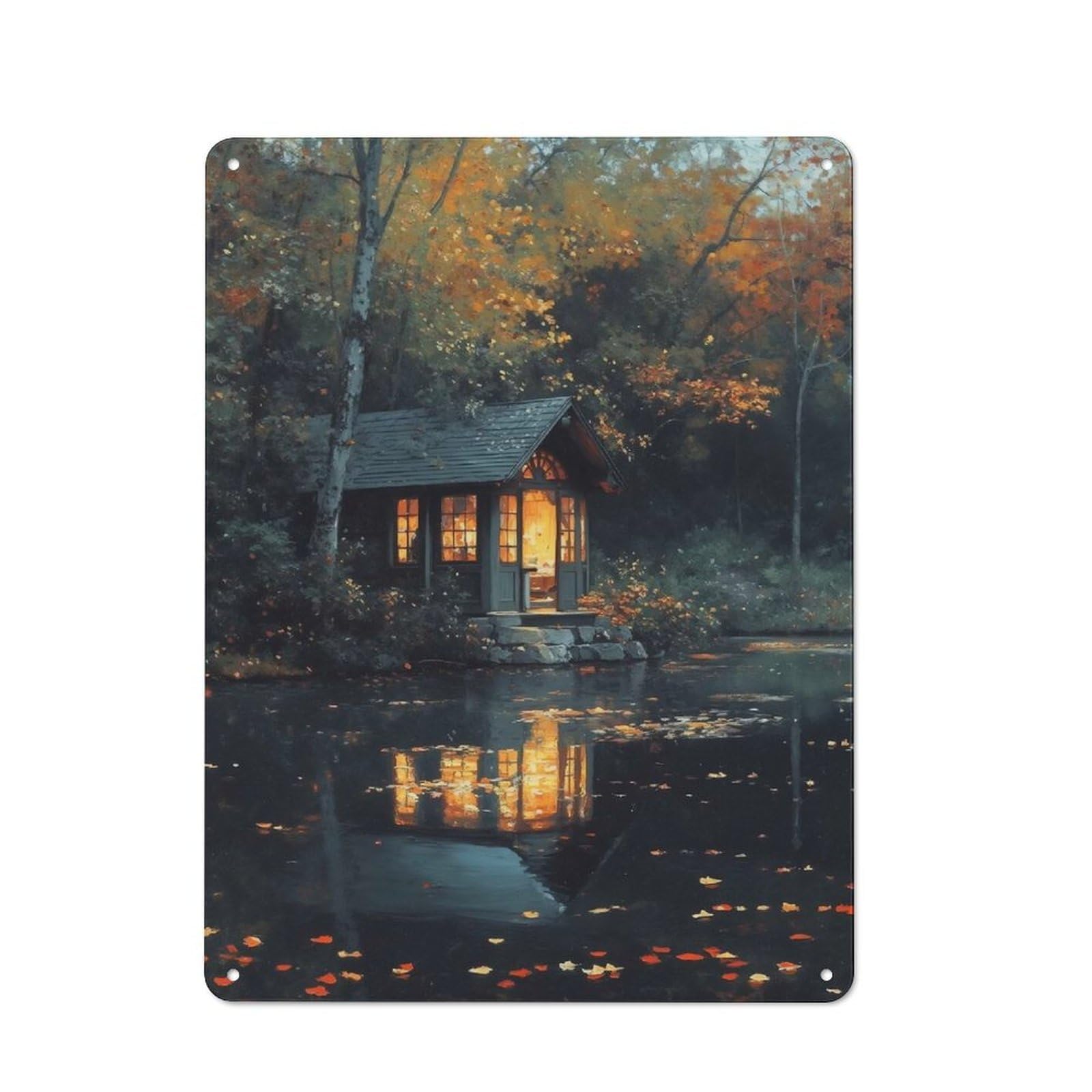 Junmoney Style-13 Autumn Cabin By The Lake Cottage Style Metal Wall Decor 40X30cm, Tin Wall Plaque For Kitchen, Cottage, Porch Or Garden Room