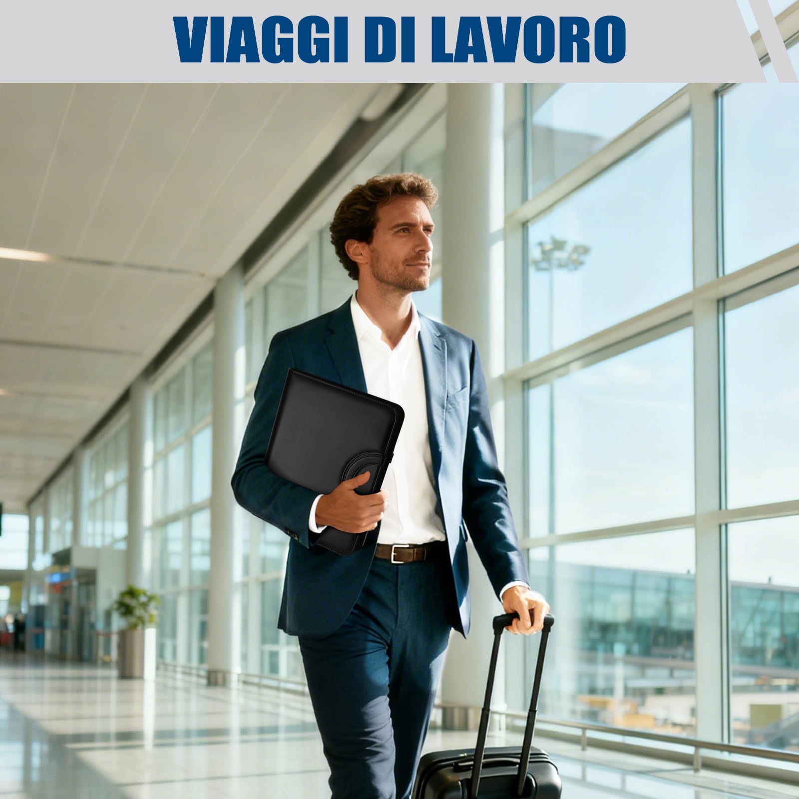 Cartella Portadocumenti A4 con Buste Trasparenti, Raccoglitore ad Anelli 4 con Manico Magnetico e Cerniera in Pelle Vegana