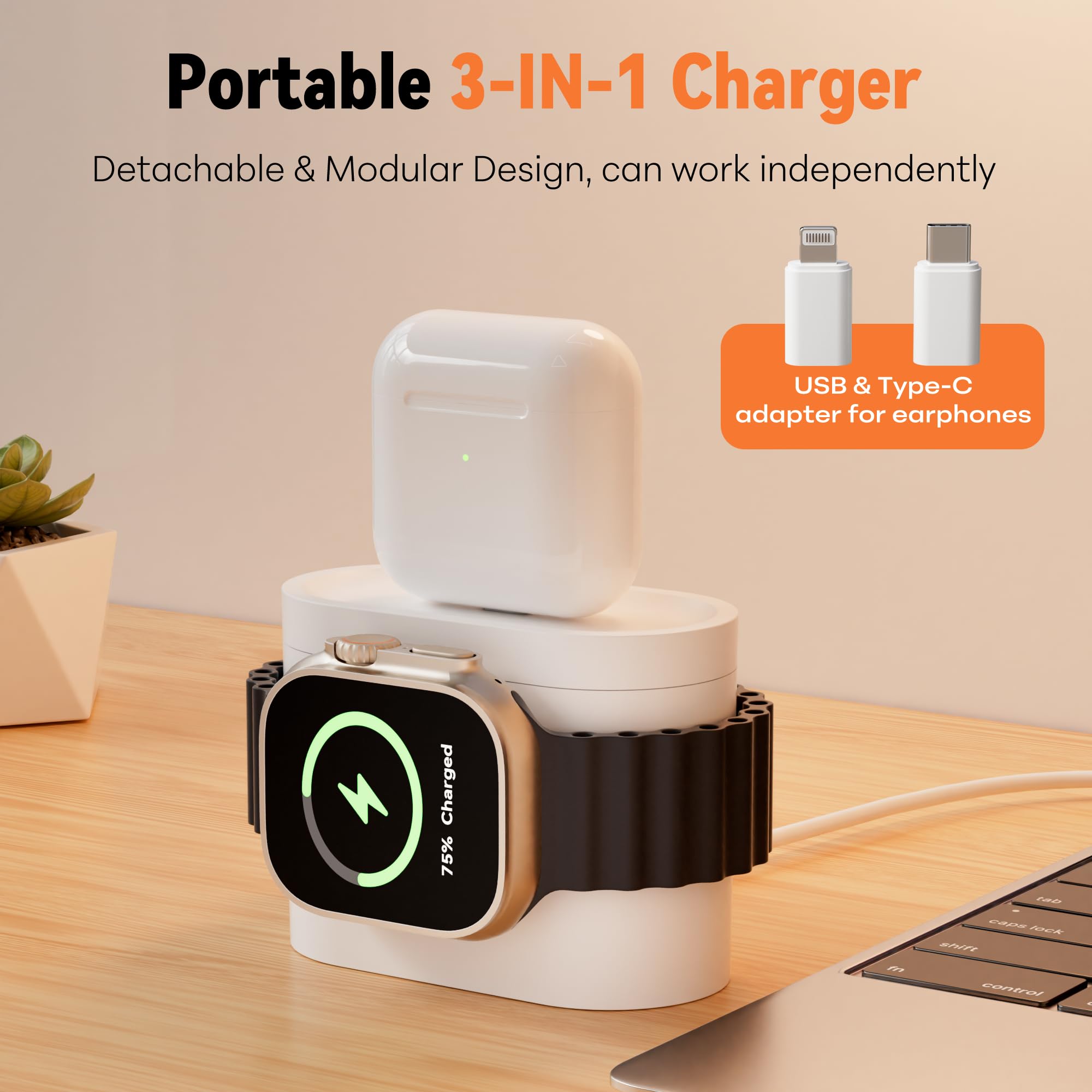 5 in 1 Caricatore Wireless per i-phone, Stazione di Ricarica con Sveglia | Caricatore 3 in 1 A-Watch Air-Pods i-phone 17-11 e Luce 3 Colori Regolabile, Adattatore Incluso – per Camera, Ufficio