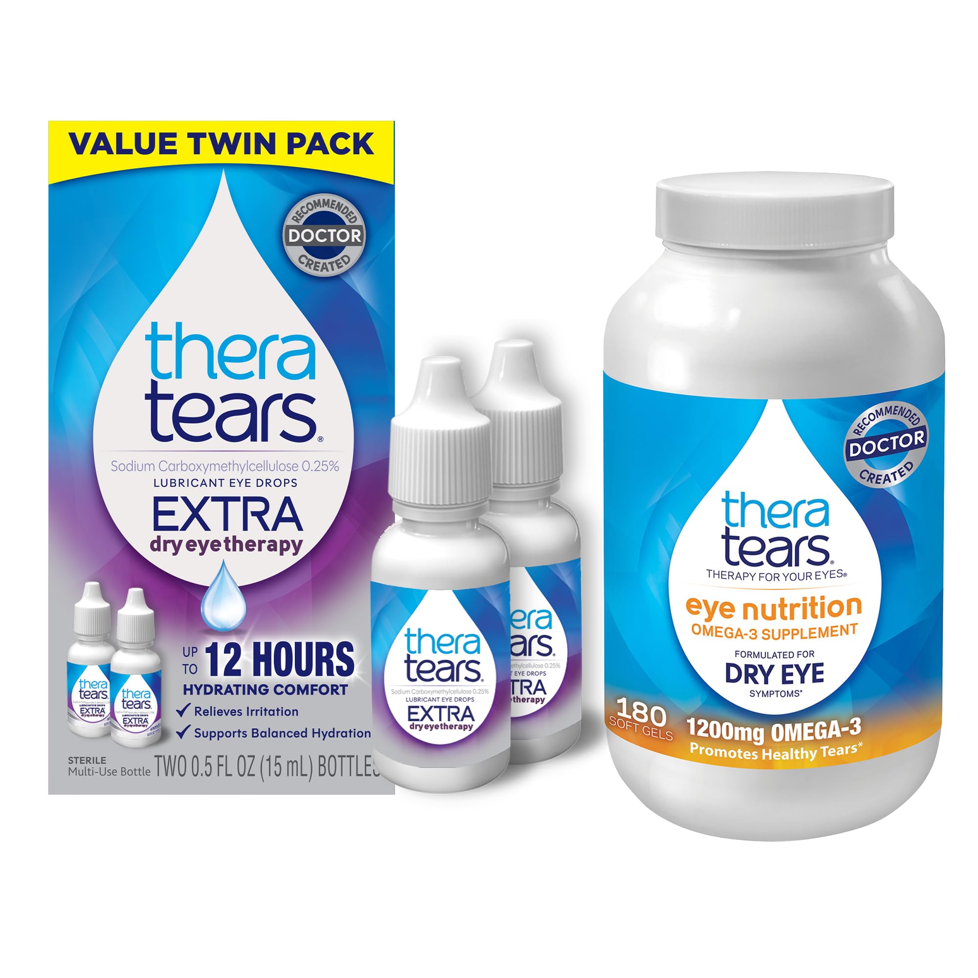 TheraTears 1200mg Omega 3 Supplement for Eye Nutrition, Organic Flaxseed Triglyceride Fish Oil and Vitamin E, 180 Count with Thera Tears Eye Drops for Dry Eyes, 0.5 Fl Oz, 15 Ml, 2 Pack