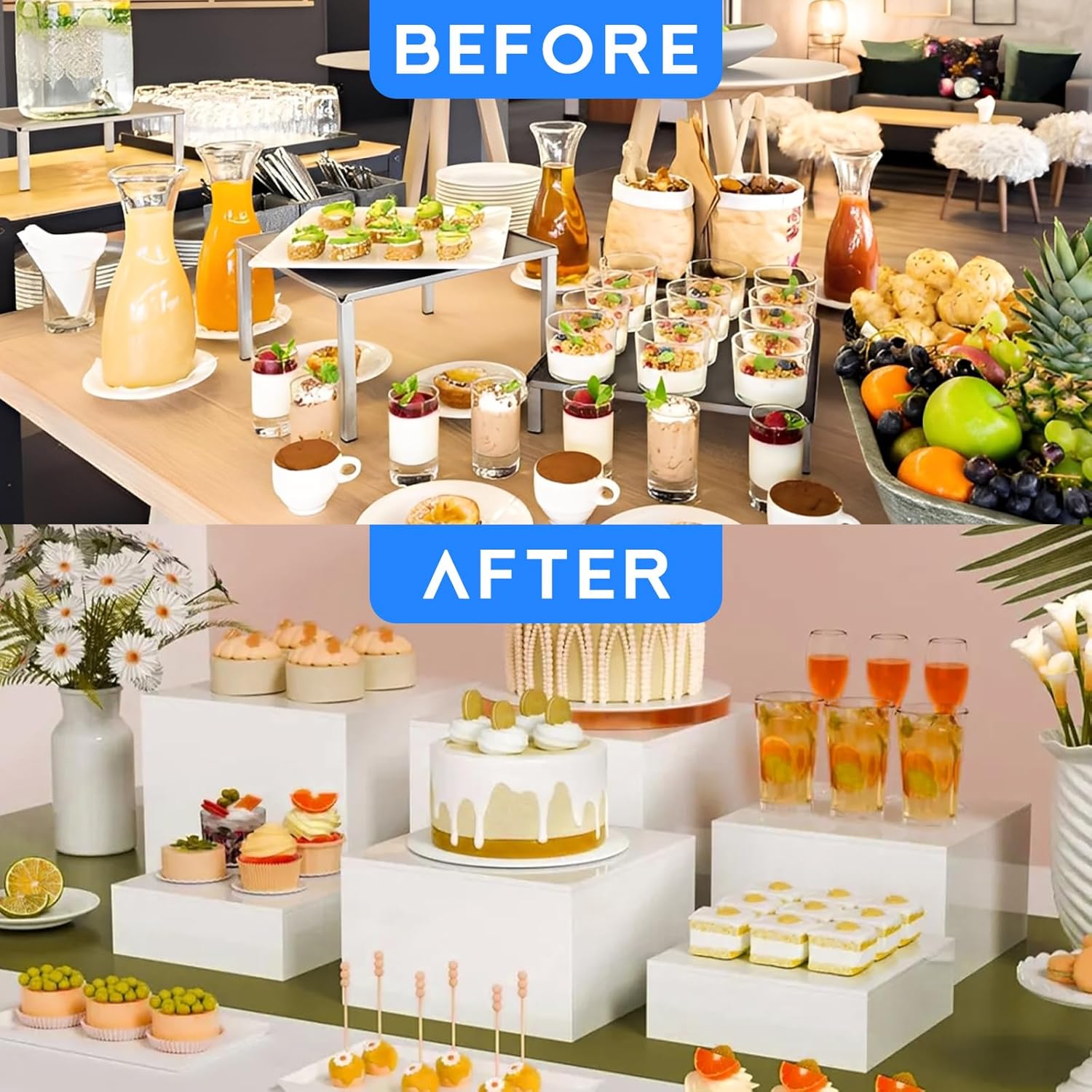 CertBuy 3 Pack Buffet Risers with 3 Signs and 2 Pen, White Food Risers for Buffet Table, Food Display Risers for Party, Acrylic Cube Display Nesting Risers with Hollow Bottoms for Catering Dessert Collectibles Jewelry (Size 8",9",10")